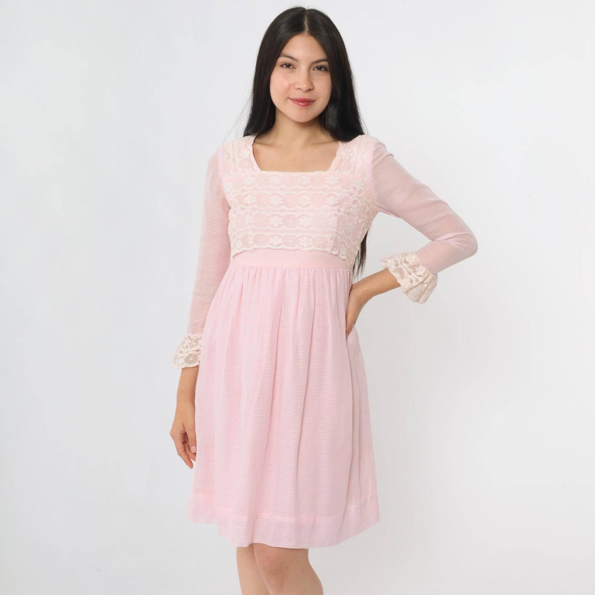 60s Pink Lace Babydoll Dress Empire Waist Mini 3/4 Sleeve Extra Small