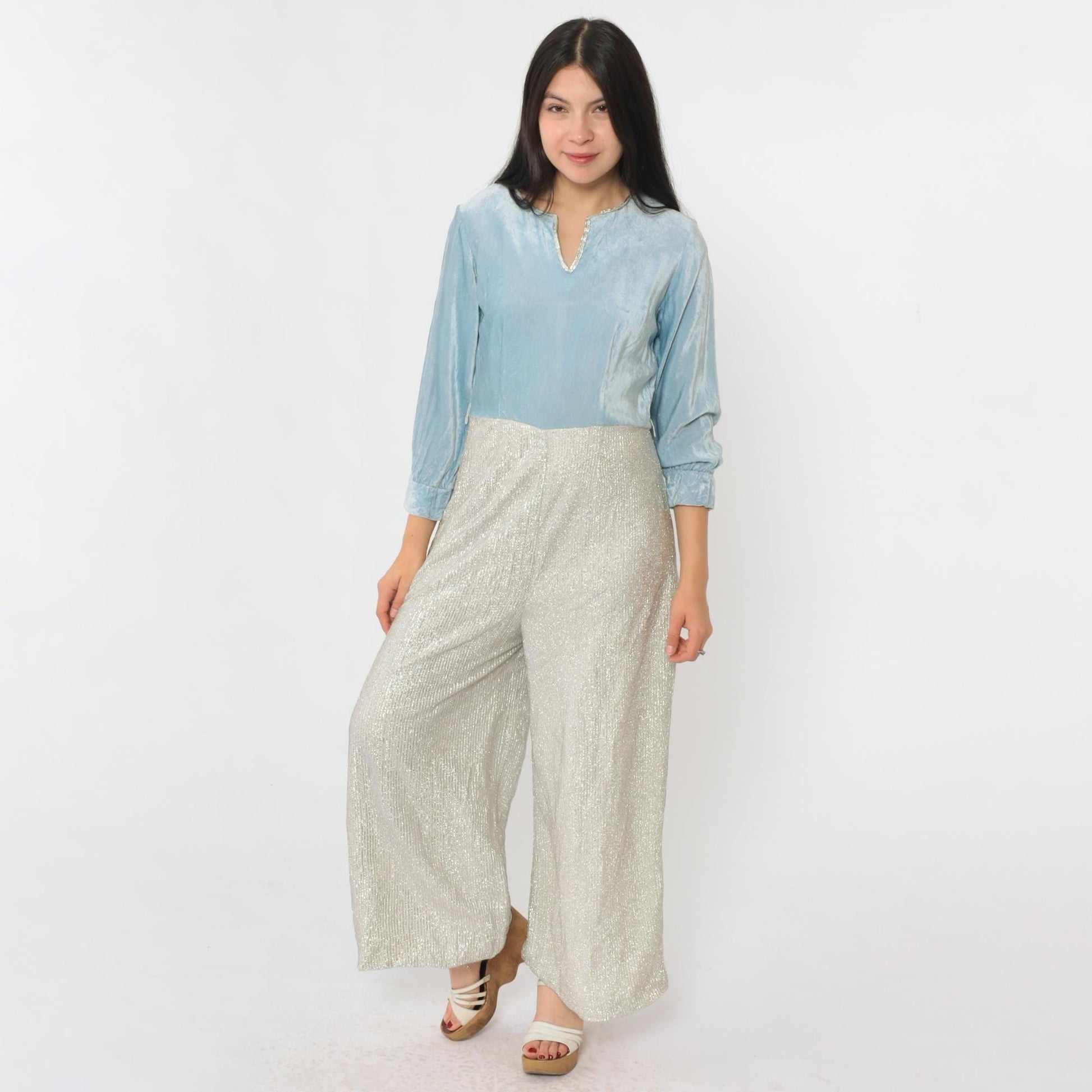 70s Metallic Velvet Jumpsuit Wide Leg Light Blue Silver V-Neck Small S