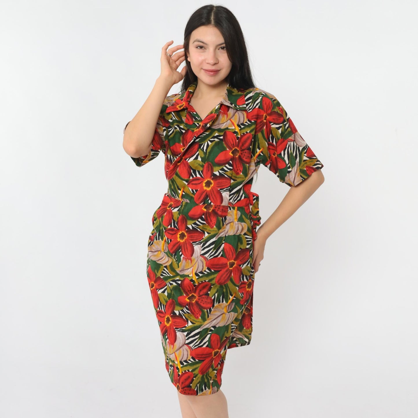 80s Tropical Floral Wrap Dress Knee Length V-Neck Red Green Small