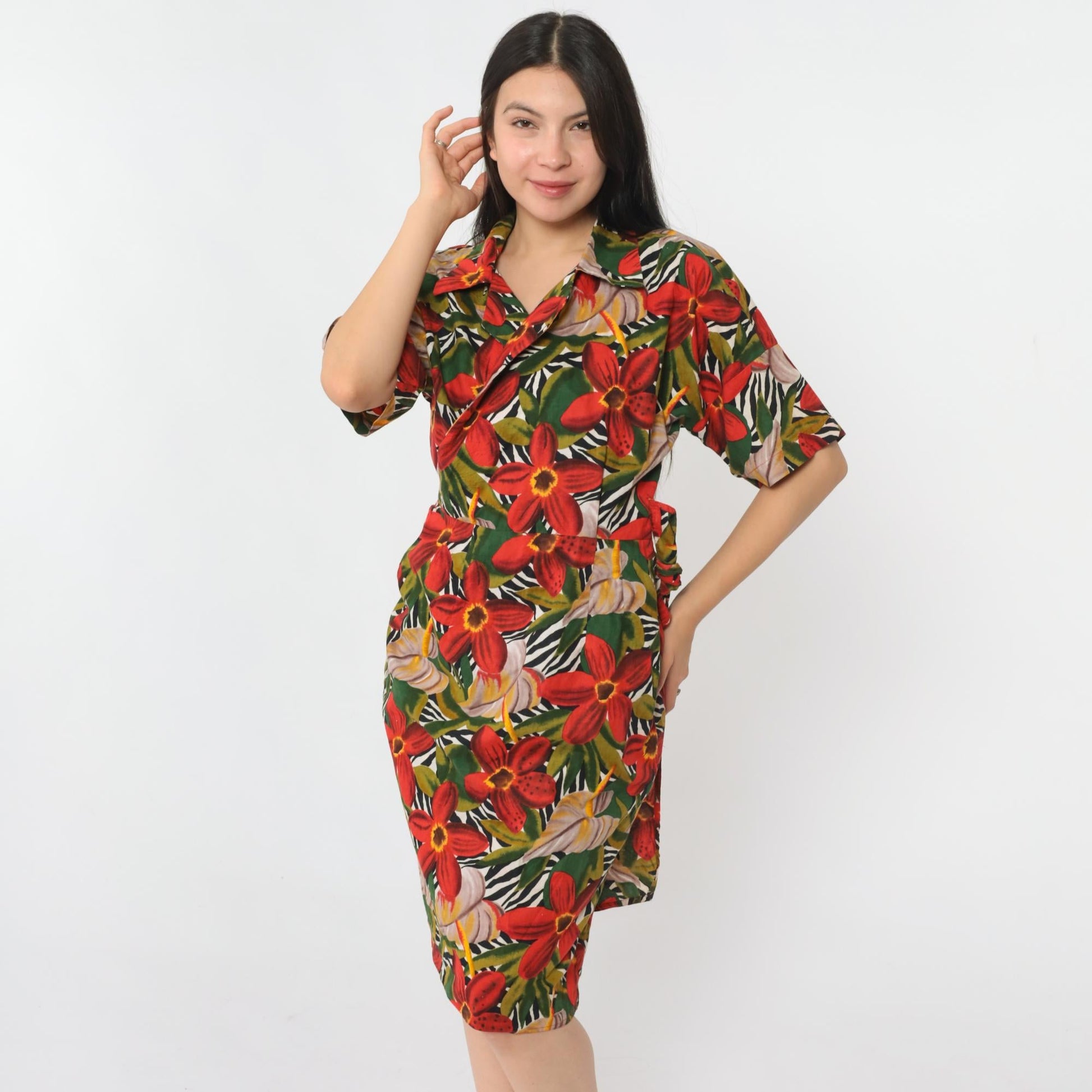 80s Tropical Floral Wrap Dress Knee Length V-Neck Red Green Small