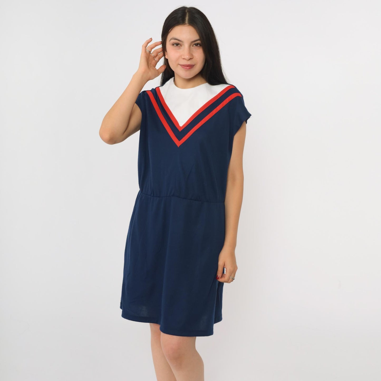 80s Navy Chevron Striped Mini Dress White Yoke Cap Sleeve High Waist Medium