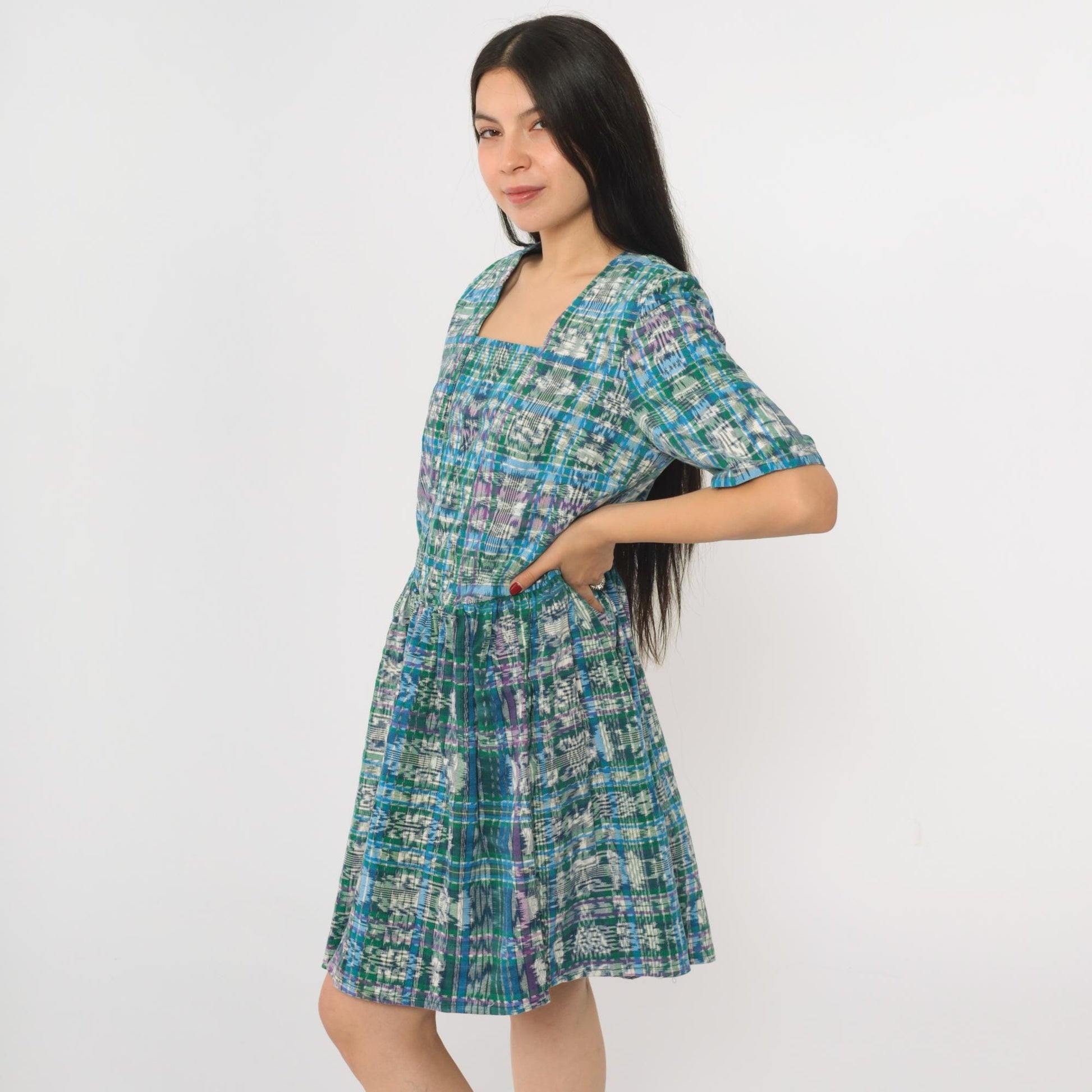 90s Checkered Ikat Mini Dress Green Blue High Waist Short Sleeve Small Medium
