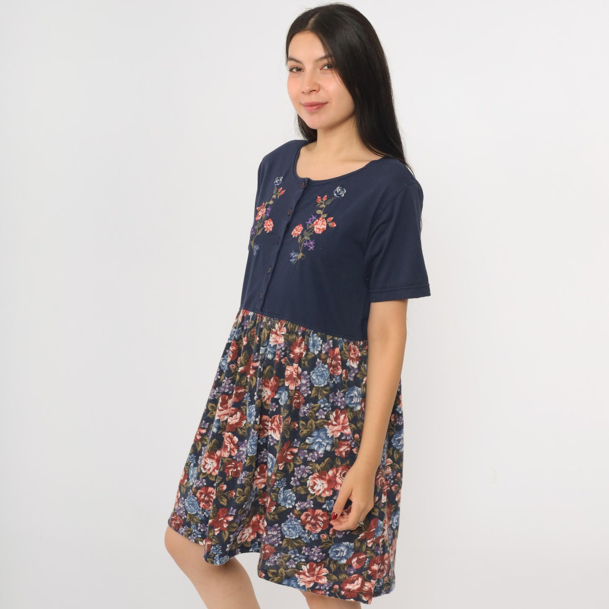 90s Sweetbriar Navy Floral Mini Dress Button Up Embroidered Medium M