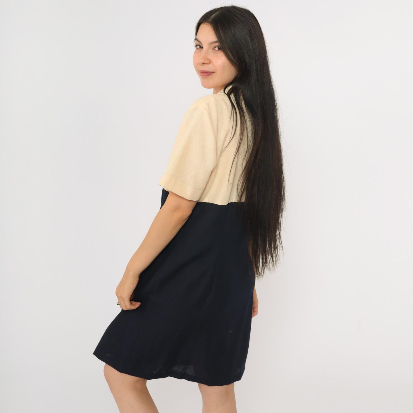 90s Two-Tone Mini Shirtdress Cream Black Empire Waist Button-Up Large