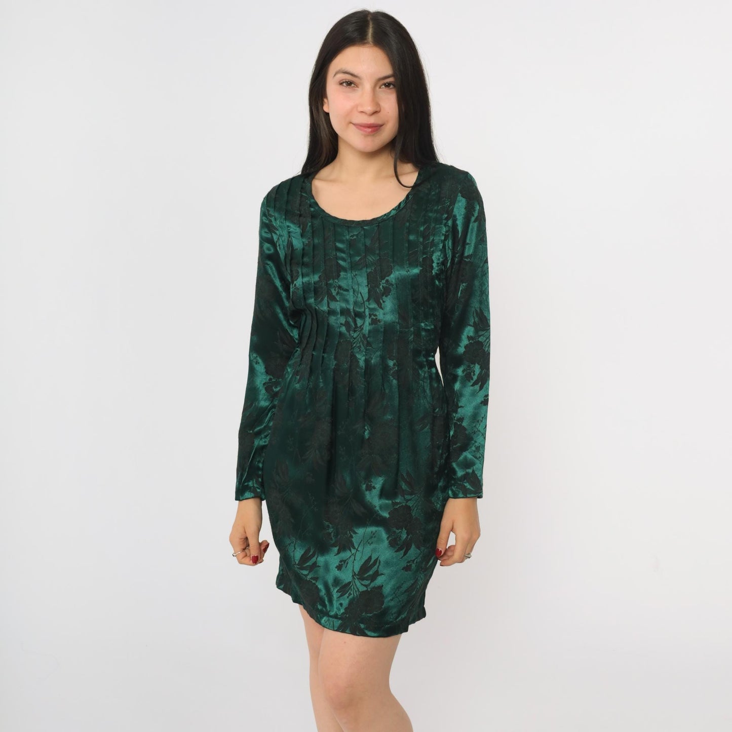 90s Sarah Richards Green Satin Floral Mini Dress Long Sleeve Scoop Neck Small