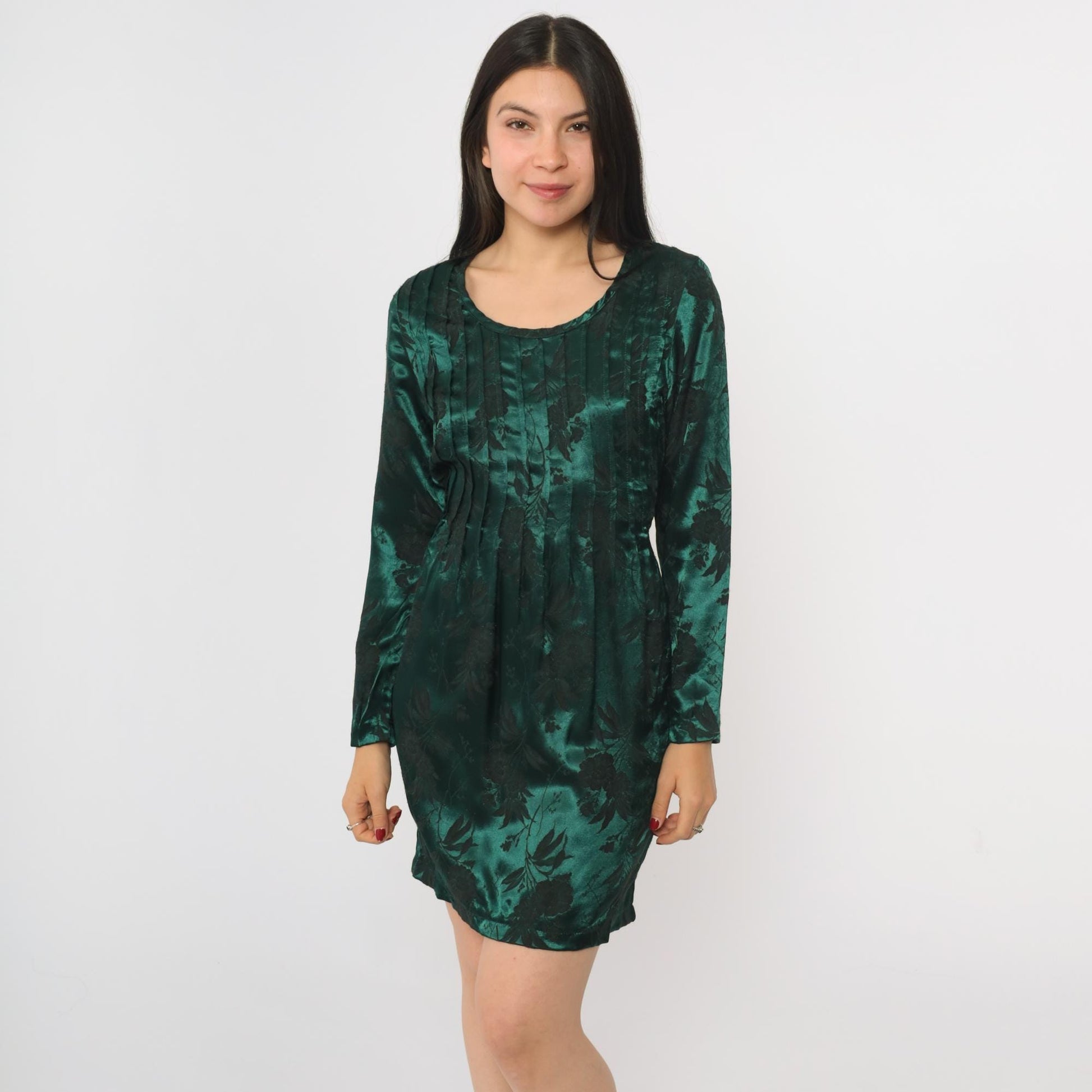 90s Sarah Richards Green Satin Floral Mini Dress Long Sleeve Scoop Neck Small