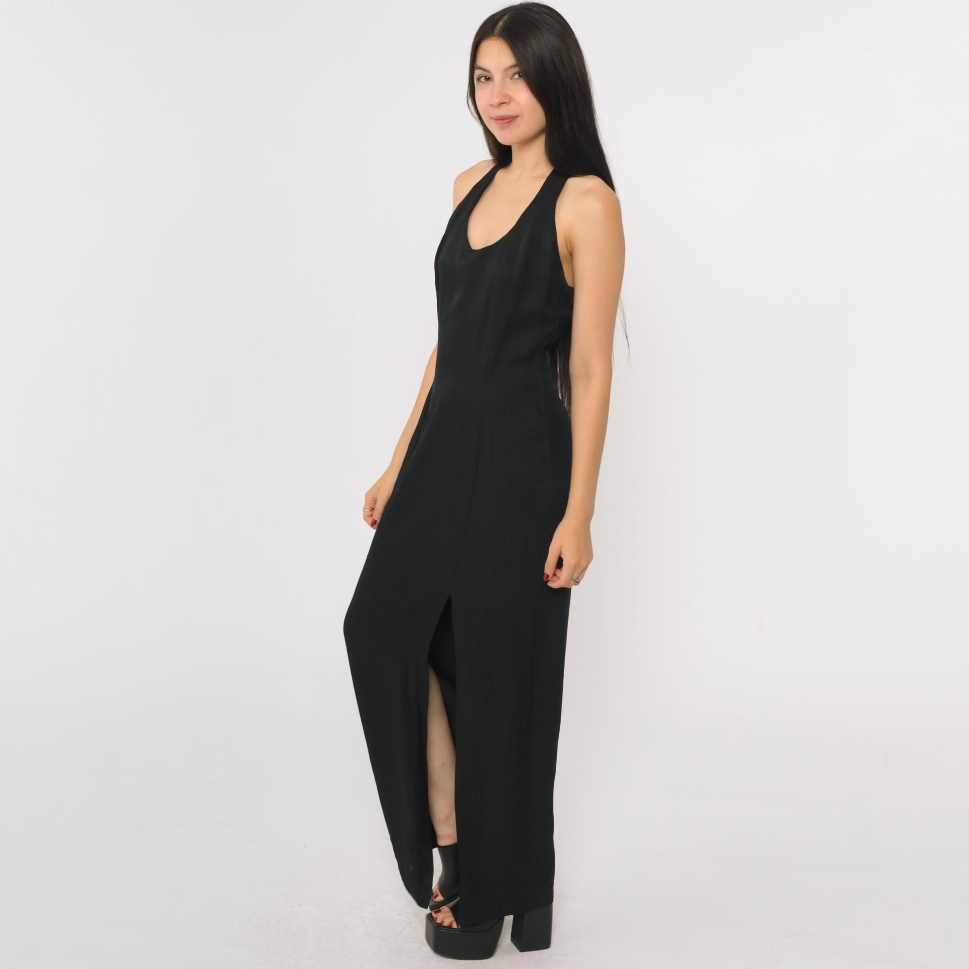 90s Jessica McClintock Gunne Sax Black Maxi Dress Racerback Embroidered Slit Small