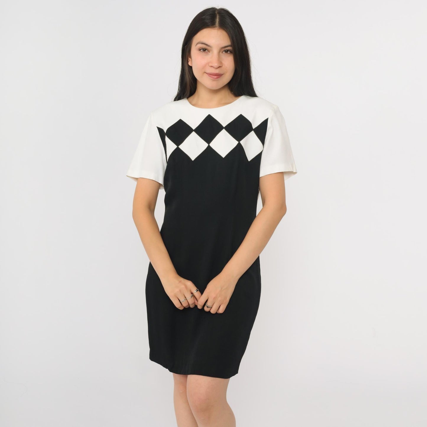 90s Black White Checkered Color Block Shift Minidress Small 4