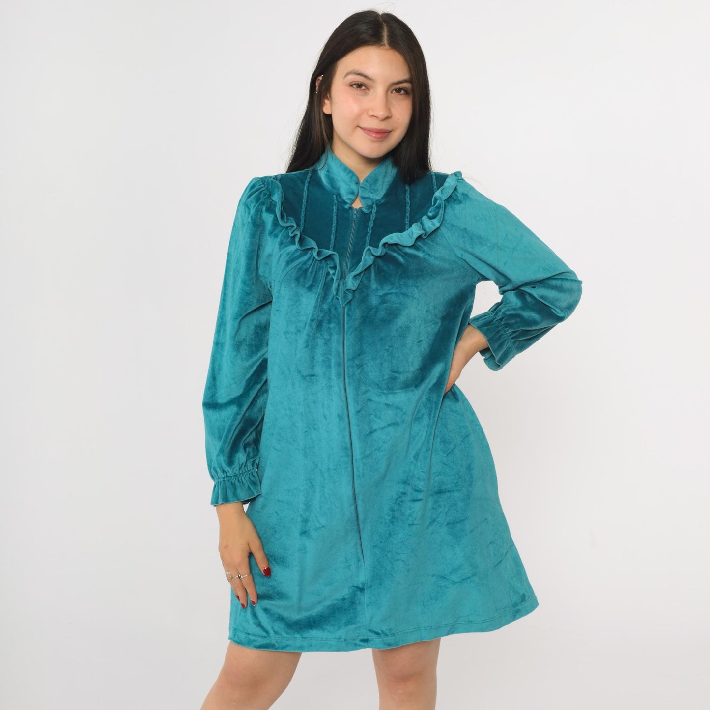 80s Lara Dee Velour Lounge Dress Teal Ruffled Yoke Zip Puff Sleeve Mini Medium