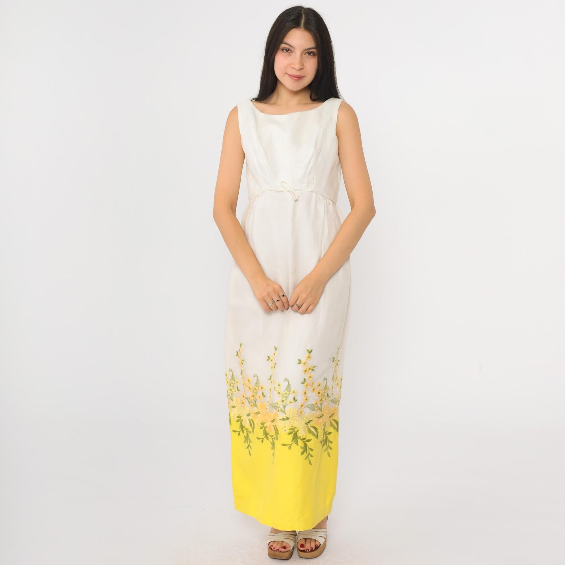 60s Franklin Simon Floral Embroidered Maxi Dress White Yellow Sleeveless Small