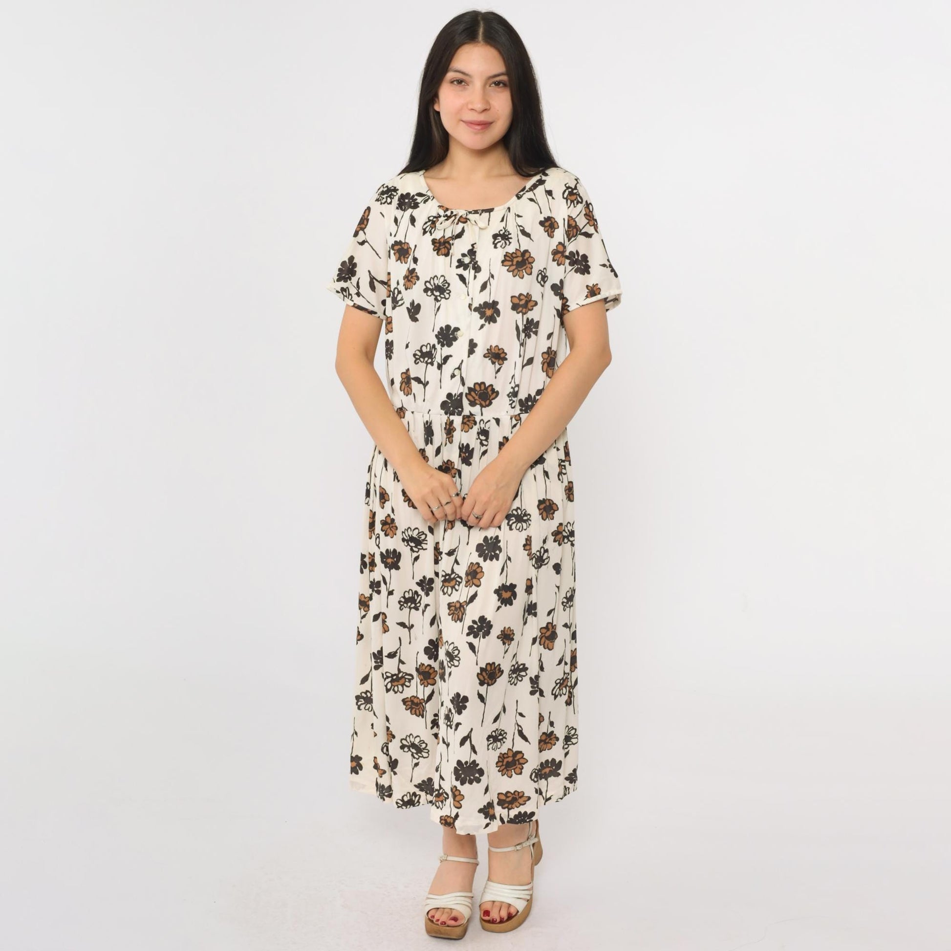 60s White Floral Bow Neck Button-Up Midi Dress Black Brown Print Large L