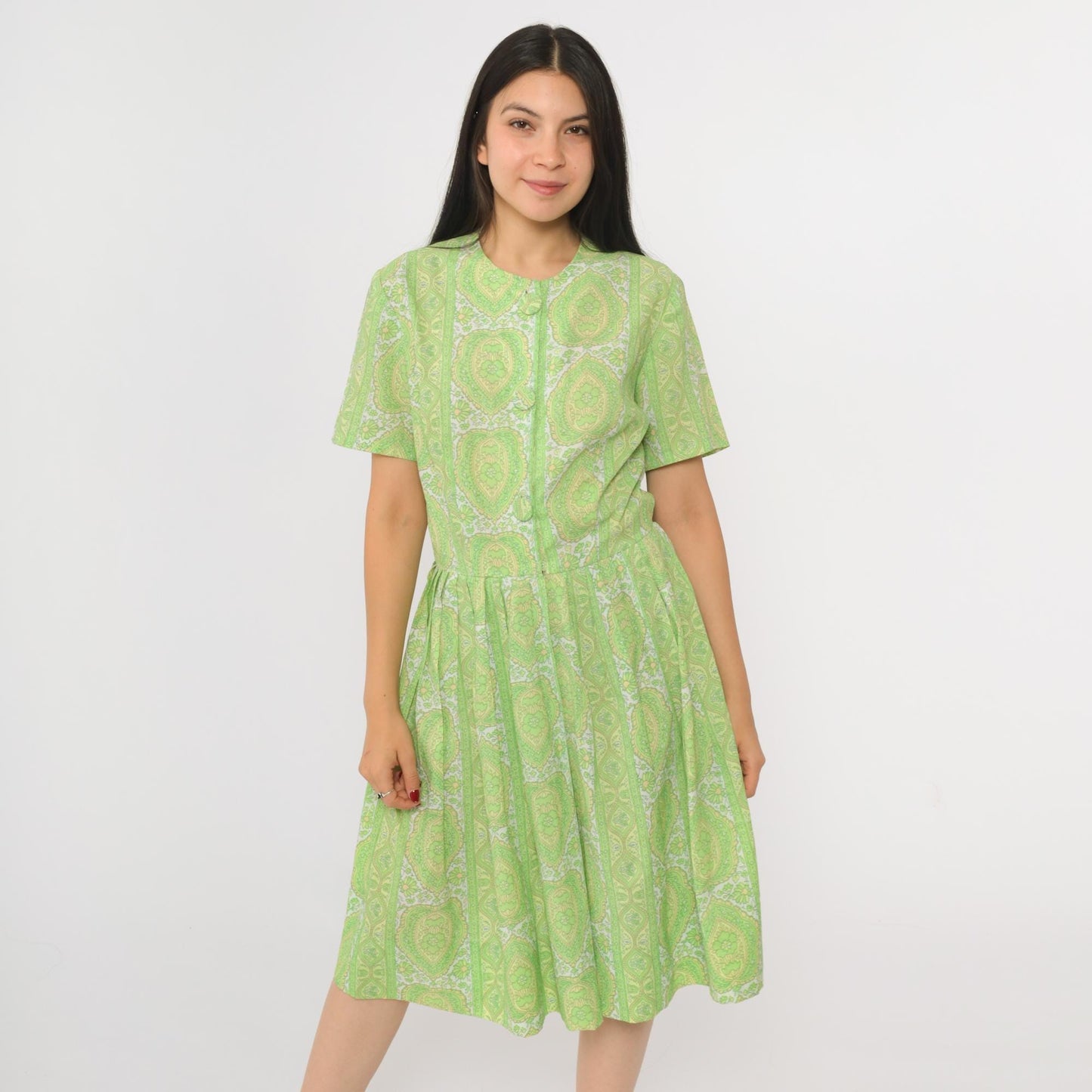 60s Green Floral Button-Up Dress Knee Length Pleated Skirt Small