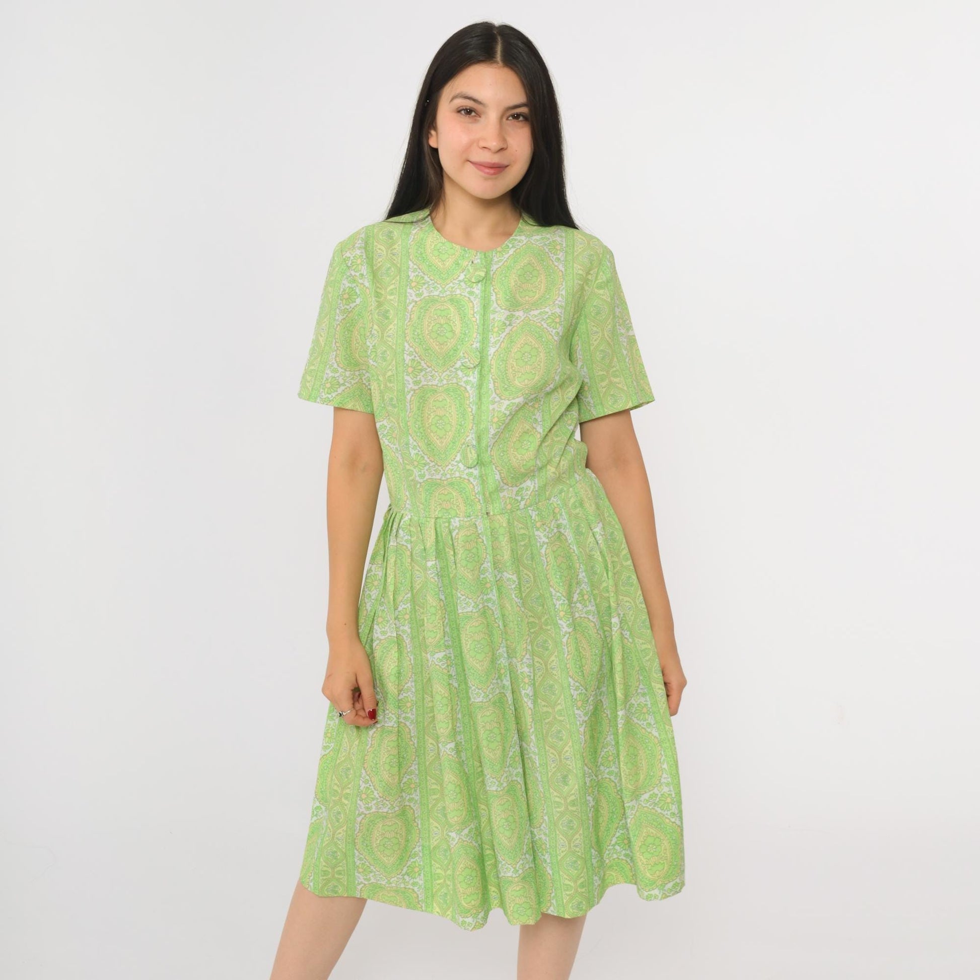 60s Green Floral Button-Up Dress Knee Length Pleated Skirt Small