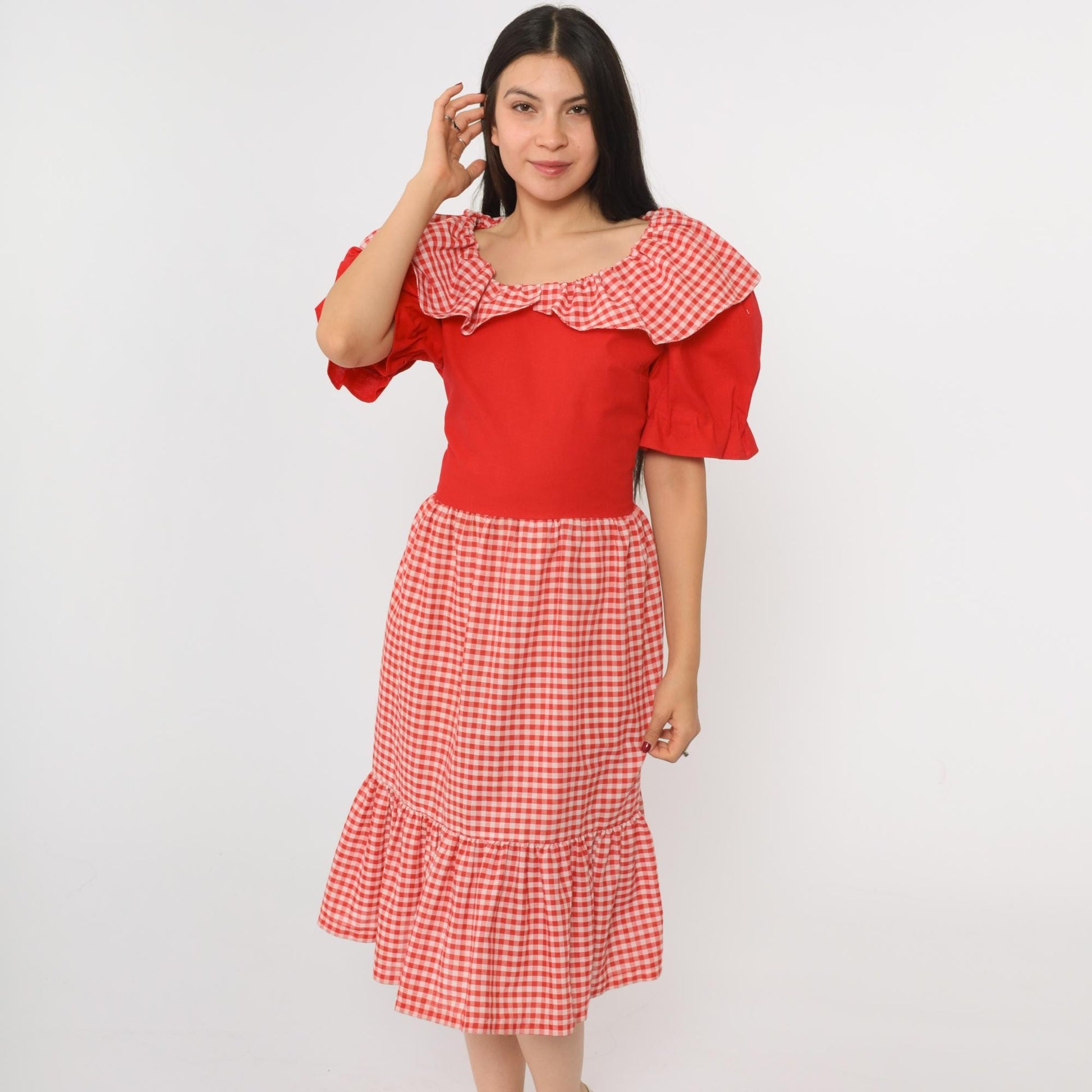 70s Red Gingham Prairie Dress Puff Sleeve Midi High Waist Medium Large