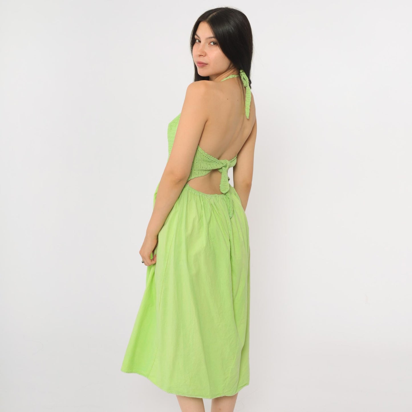 90s Lime Green Crochet Halter Midi Dress Deep V Sheer Waist Small Medium