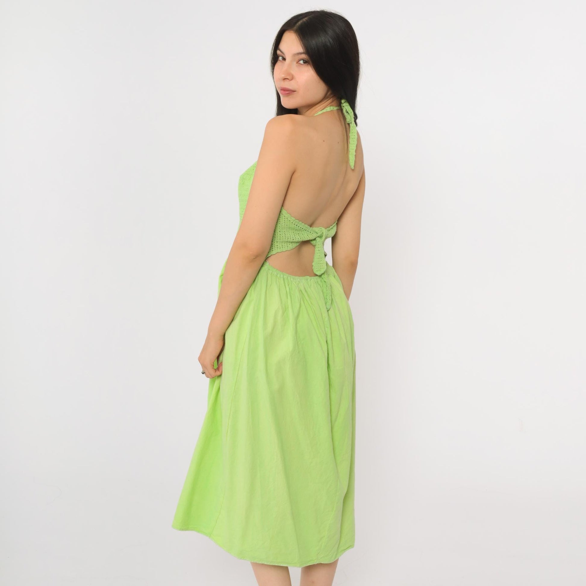 90s Lime Green Crochet Halter Midi Dress Deep V Sheer Waist Small Medium
