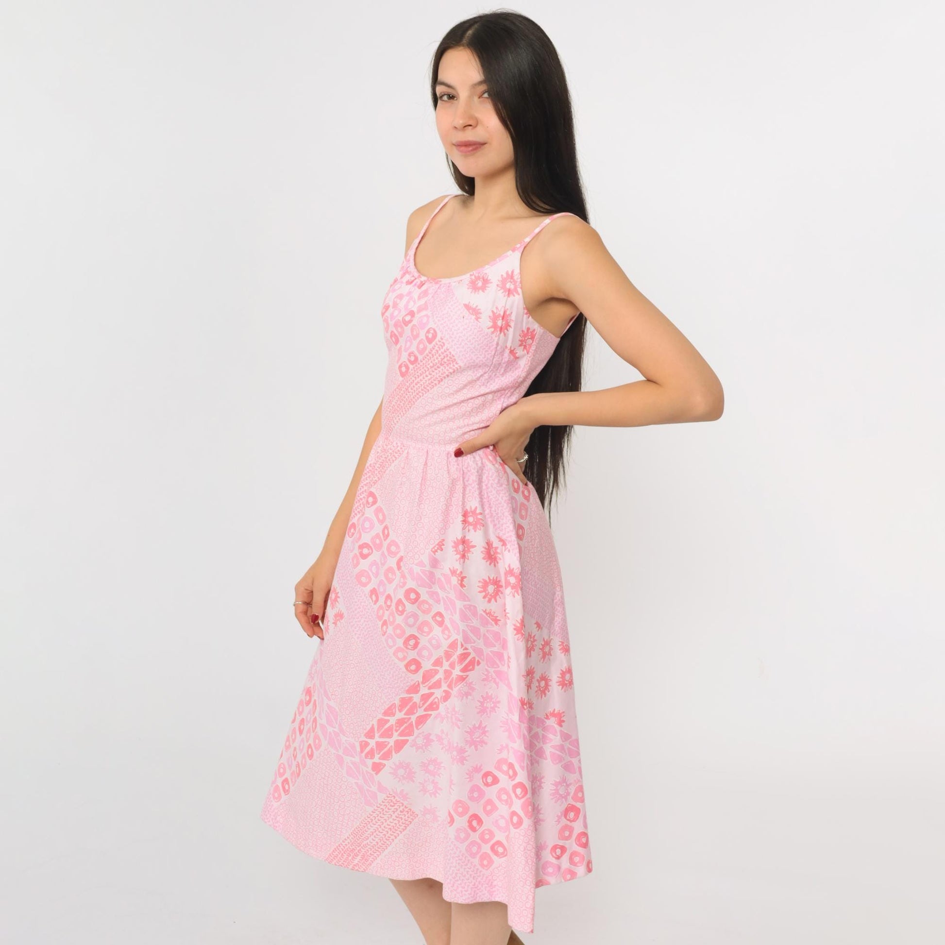 70s Malia Foster Hawaiian Midi Dress Pink Geometric High Waist Spaghetti Strap Extra Small