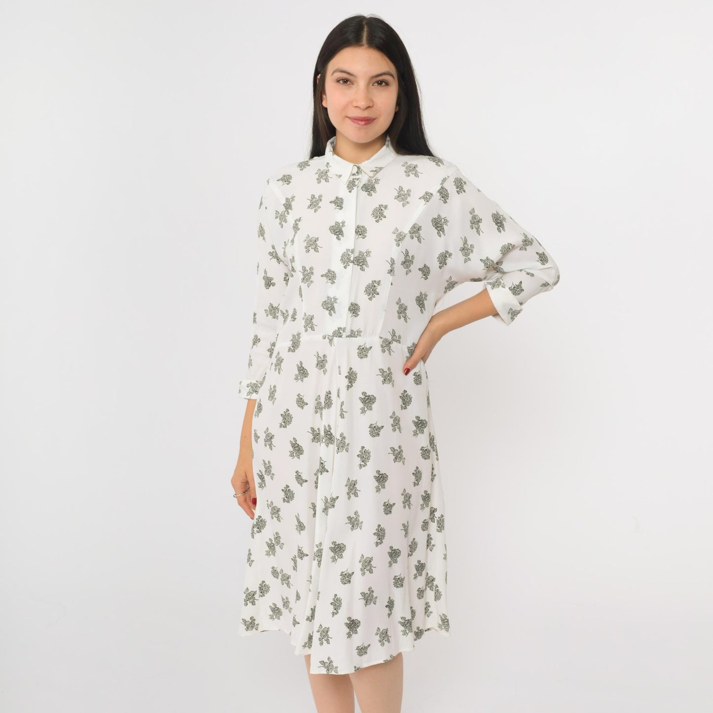 90s White Floral Button-Up Shirtdress Knee Length 3/4 Sleeve Small
