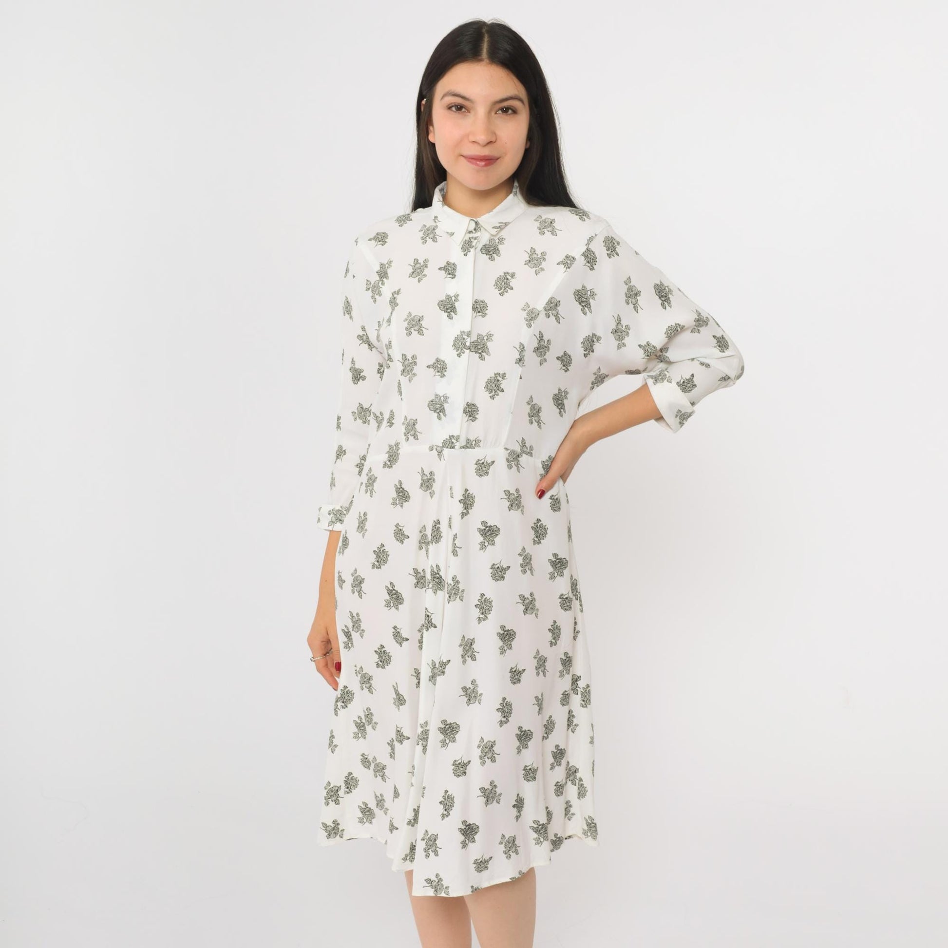 90s White Floral Button-Up Shirtdress Knee Length 3/4 Sleeve Small