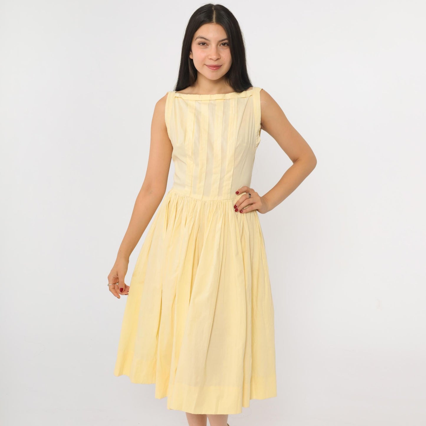 60s Yellow Boatneck Midi Dress Pleated Full Skirt Sleeveless Extra Small