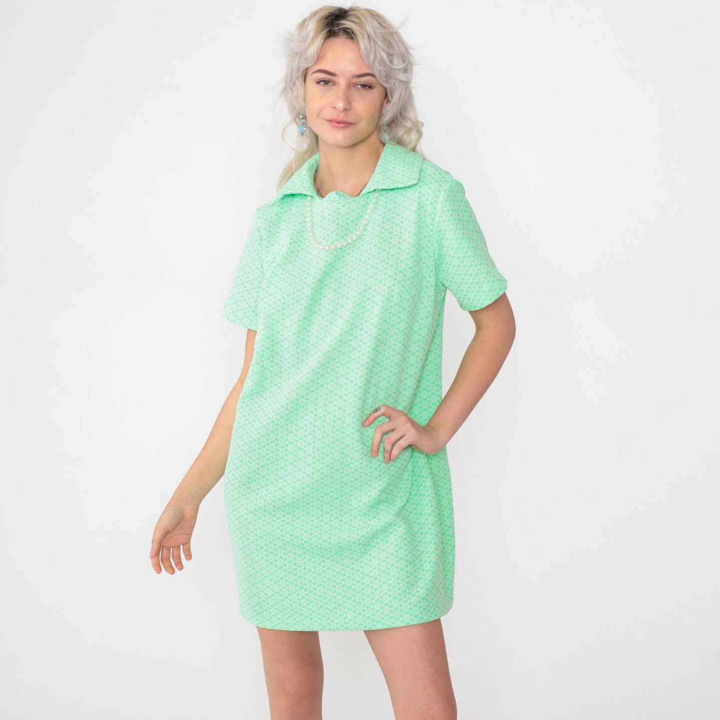 60s Mod Mini Dress Green Geometric Print Shift Short Sleeve Medium Large