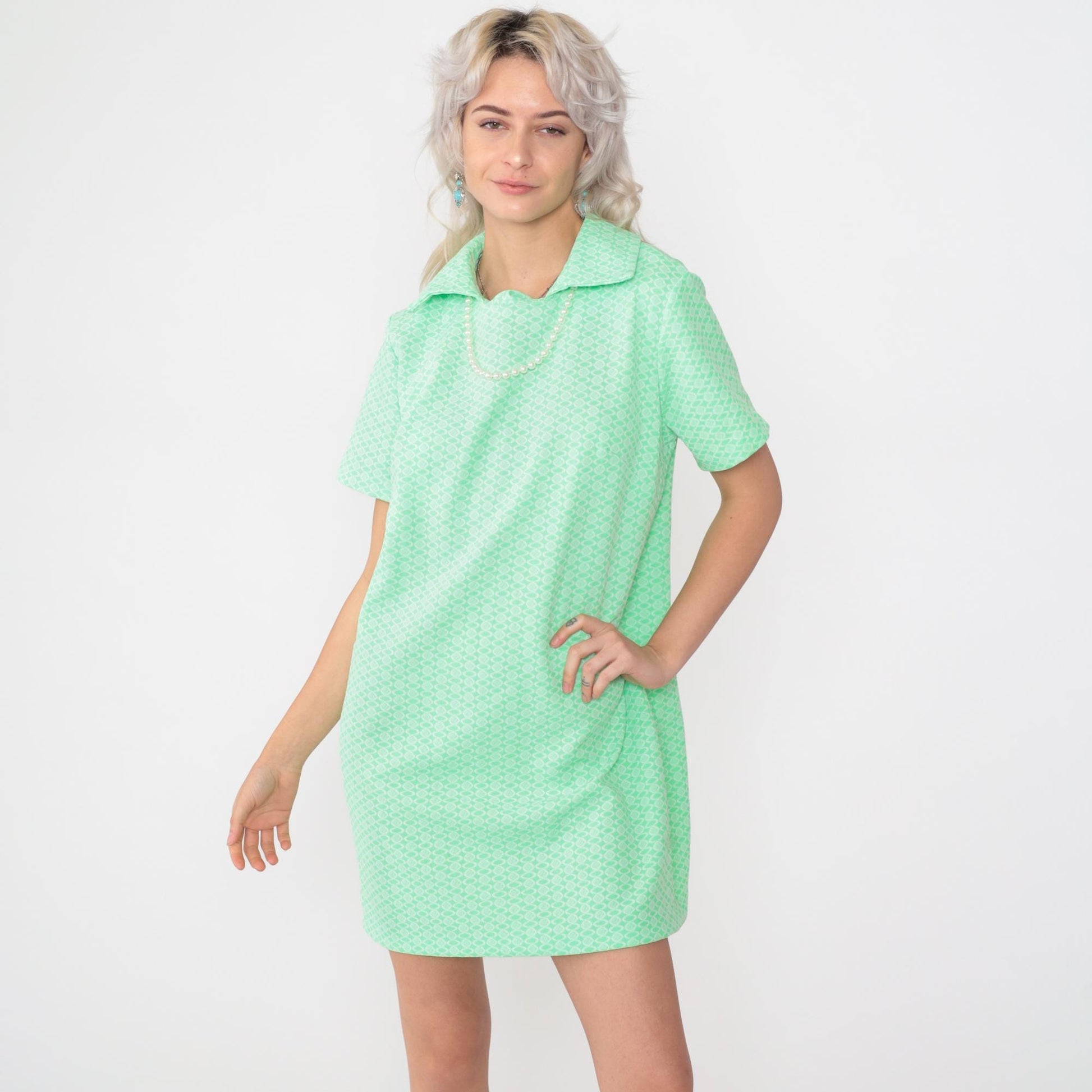 60s Mod Mini Dress Green Geometric Print Shift Short Sleeve Medium Large