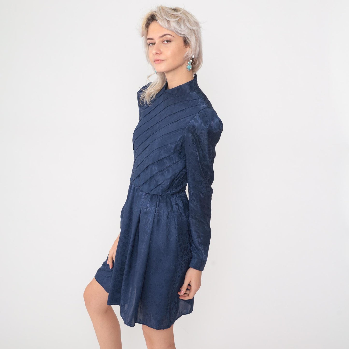 80s Navy Floral Jacquard Mini Dress Mock Neck Puff Sleeve High Waist Small