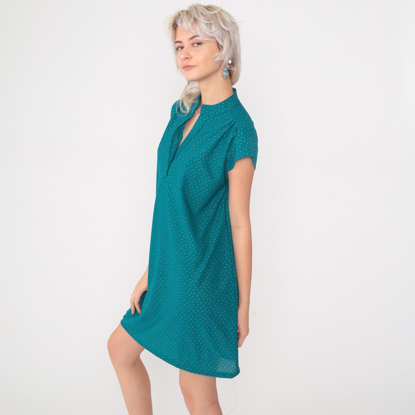80s Teal Gold Confetti Dot Mini Shift Dress Cap Sleeve V-Neck Medium