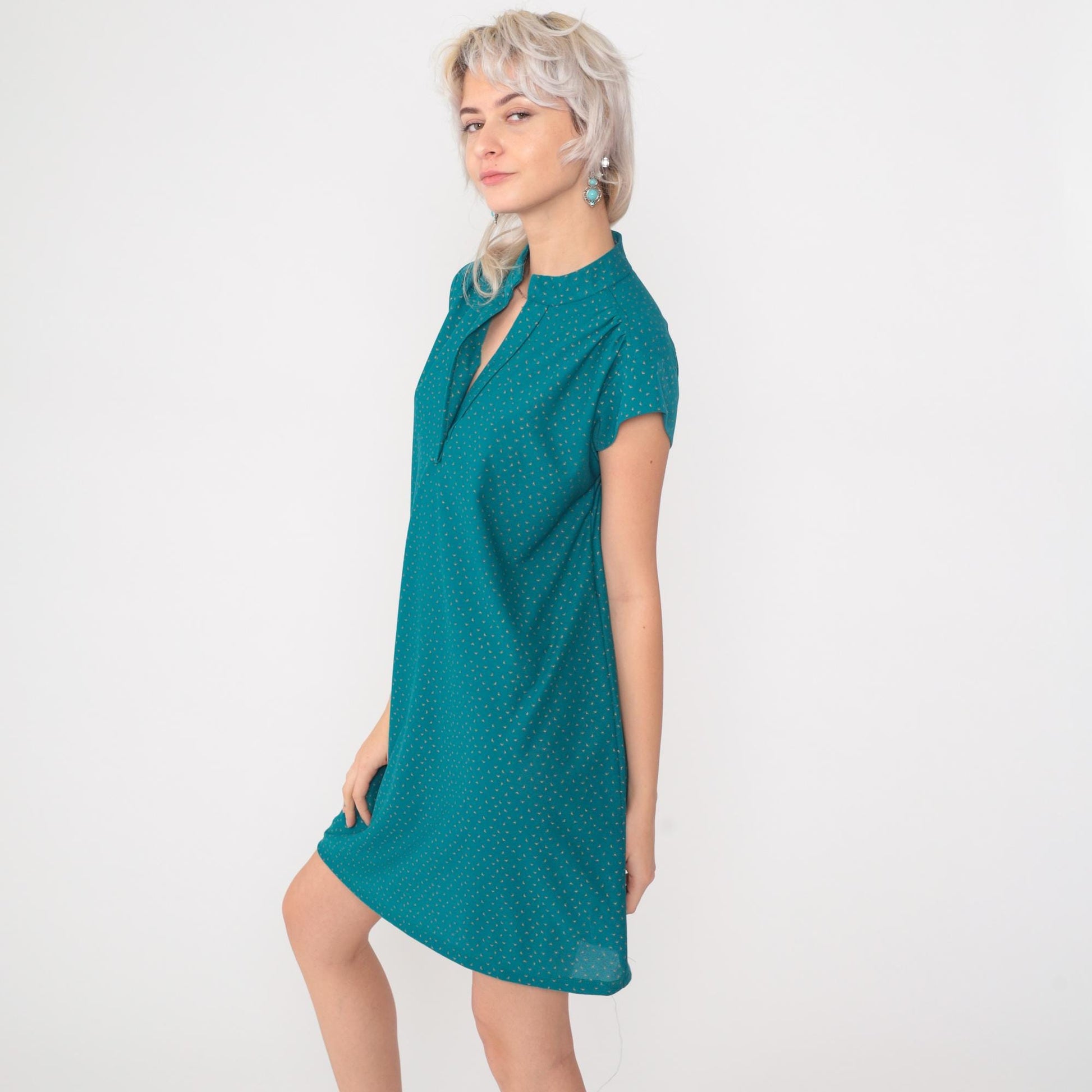 80s Teal Gold Confetti Dot Mini Shift Dress Cap Sleeve V-Neck Medium
