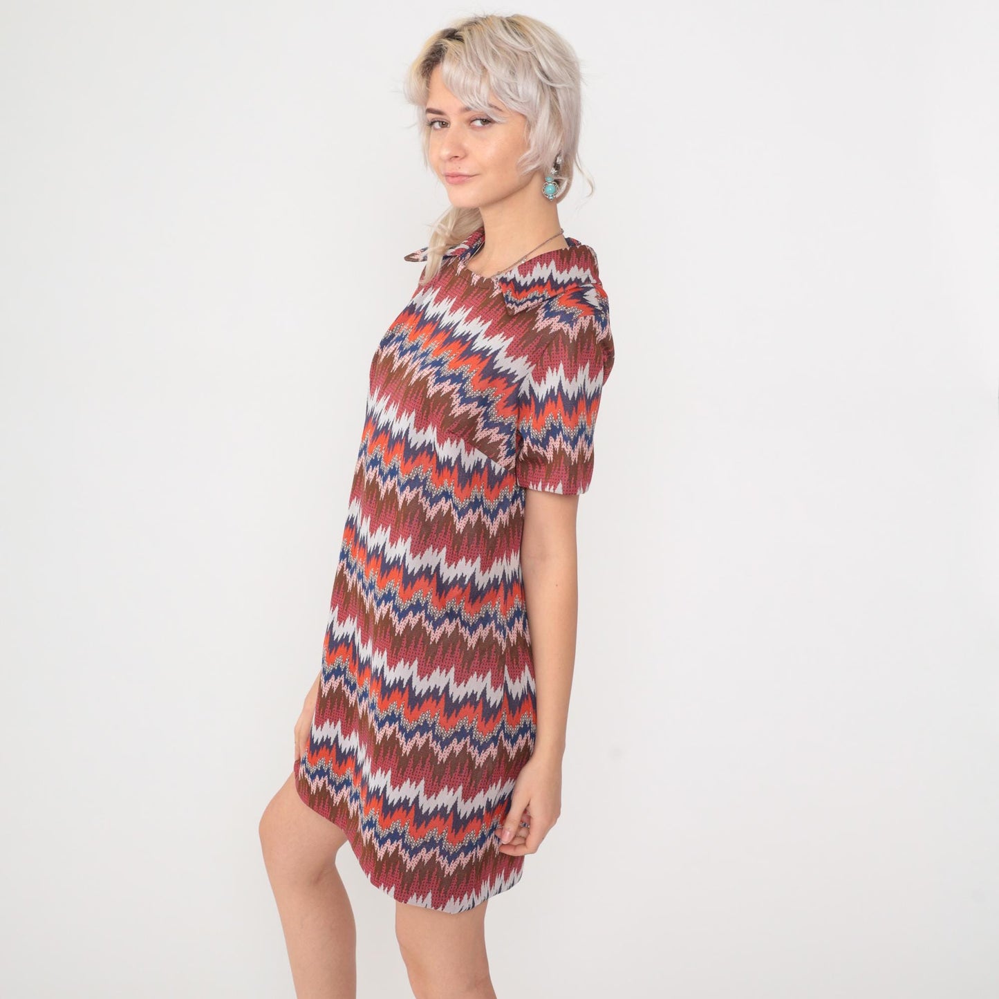 1960s Psychedelic Striped Mod Shift Dress Mini Orange Brown Blue Large