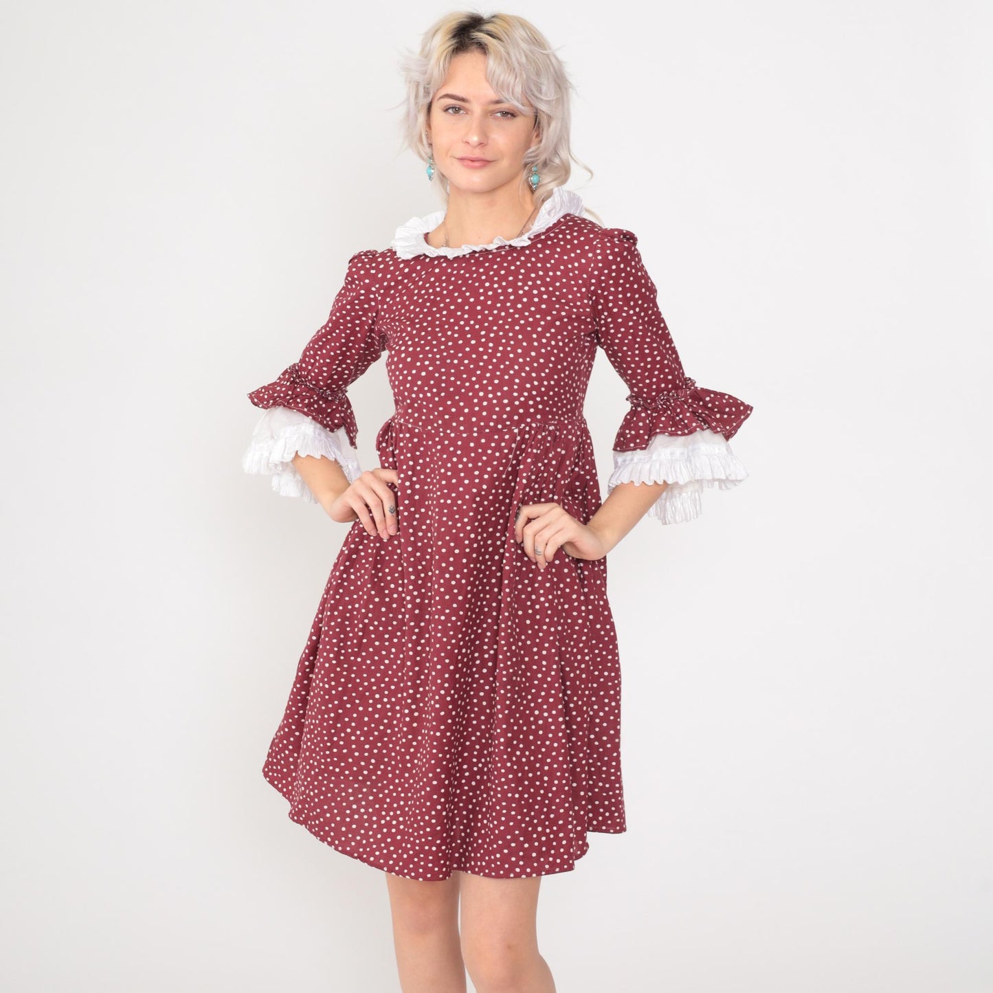 70s Burgundy Polka Dot Prairie Dress Puff Sleeve Ruffle Collar Mini Cotton Extra Small