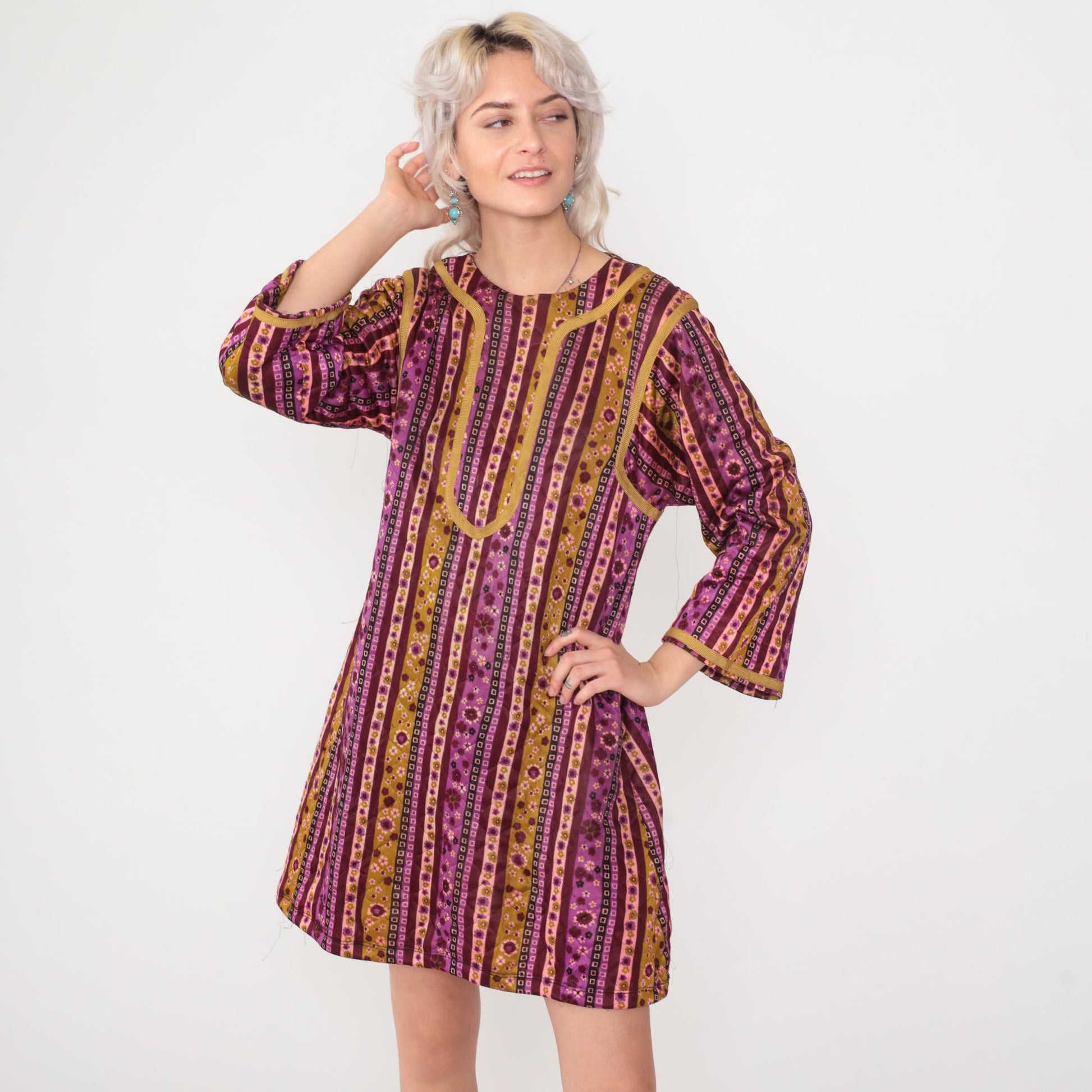 70s Quilted Floral Shift Dress Purple Mustard Striped Mini Small S