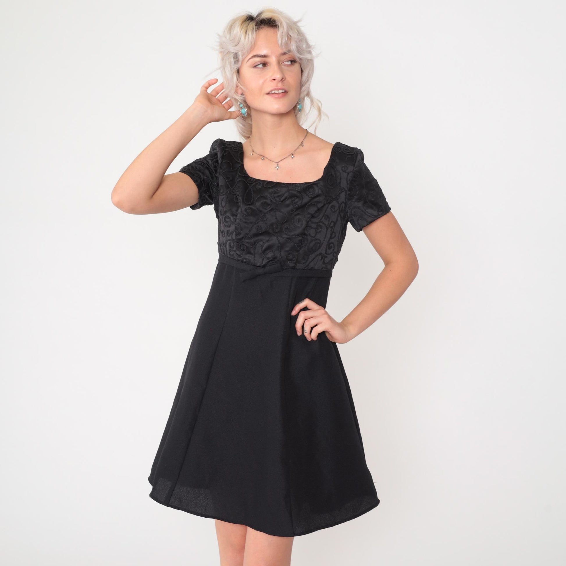 90s Black Micro Beaded Satin Mini Dress Empire Waist Scoop Neck Small 4