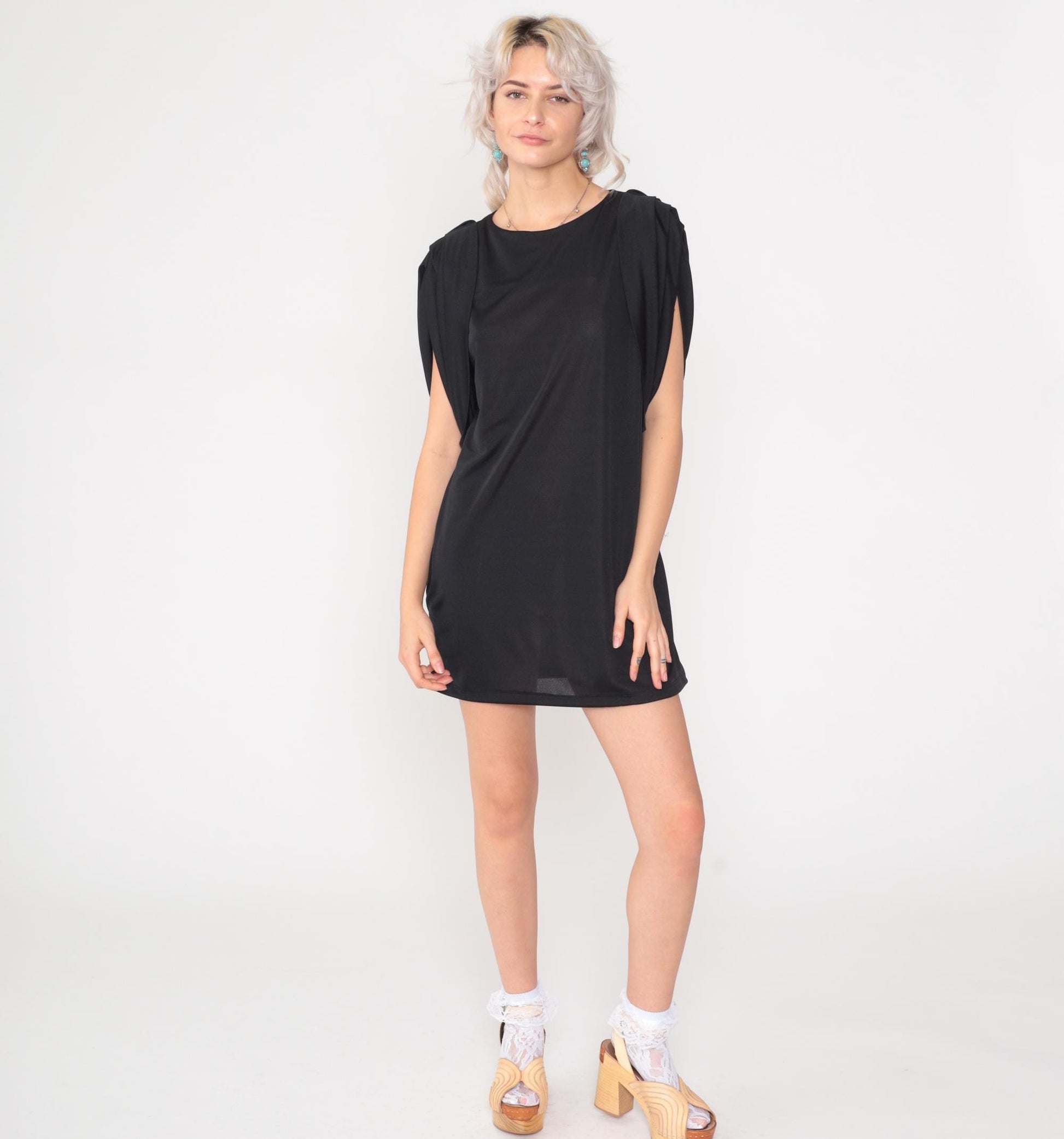 80s Patra Black Mini Shift Dress Cap Sleeve Keyhole Back Medium M