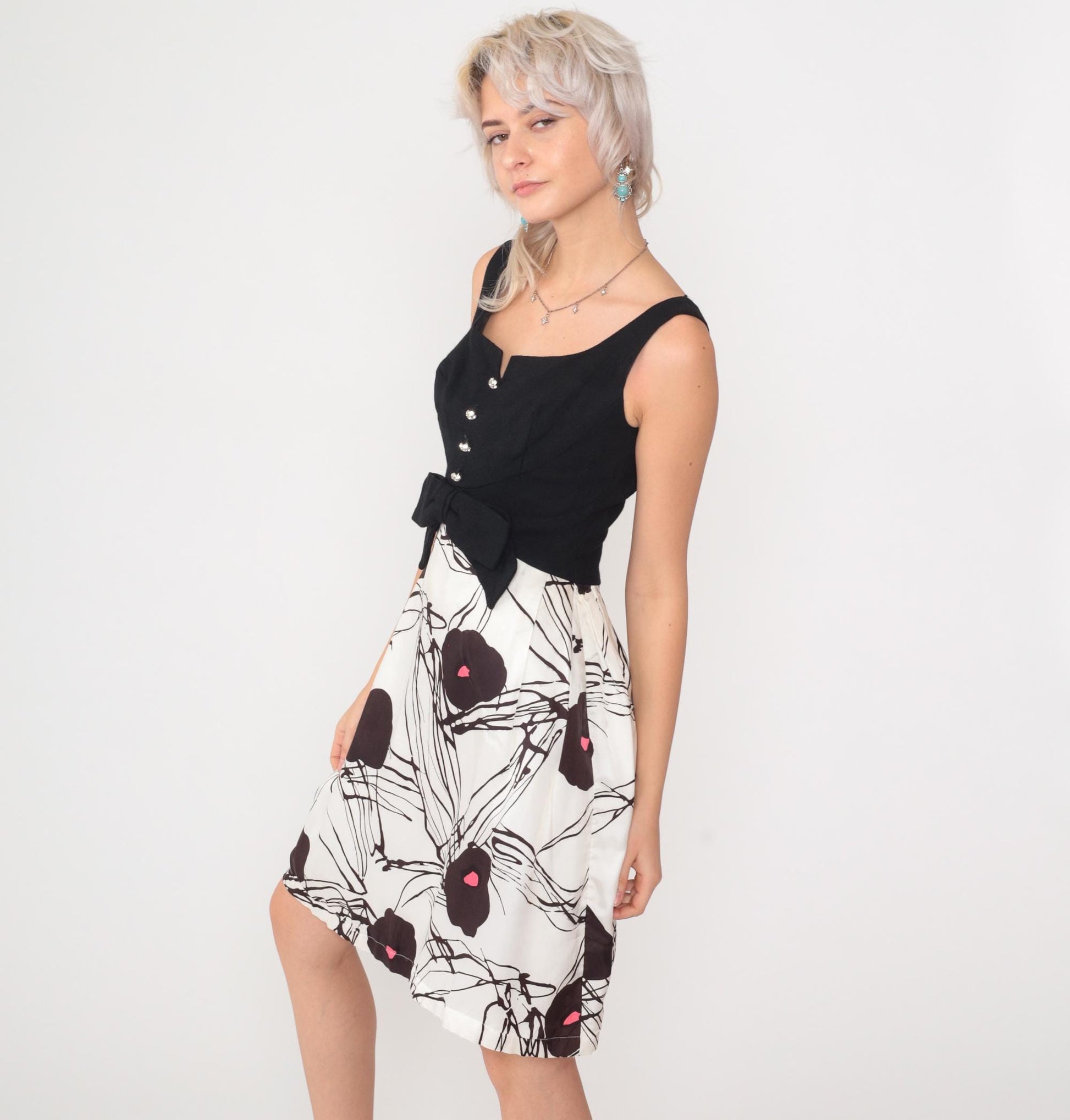 60s Black White Floral Mini Party Dress Bow Sleeveless A-Line Extra Small