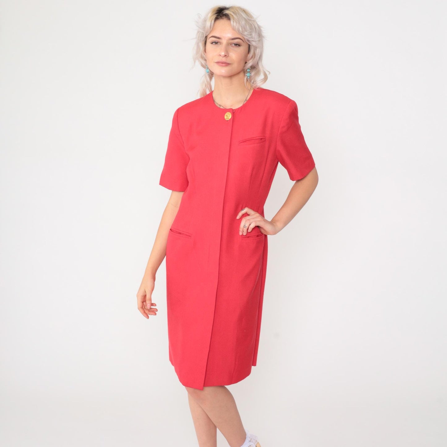 90s Kasper Red Button-Up Shirtdress Knee Length Short Sleeve Medium Petite