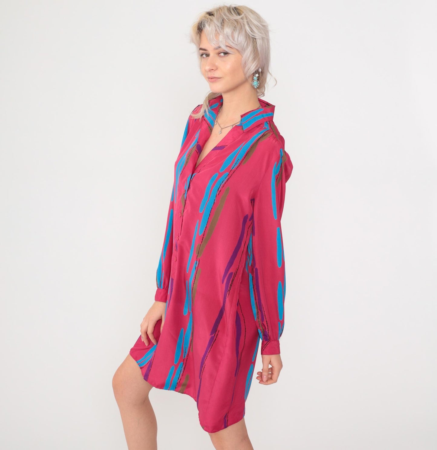 80s Fuchsia Striped Mini Dress Puff Sleeve Button-Up Shirtdress Medium