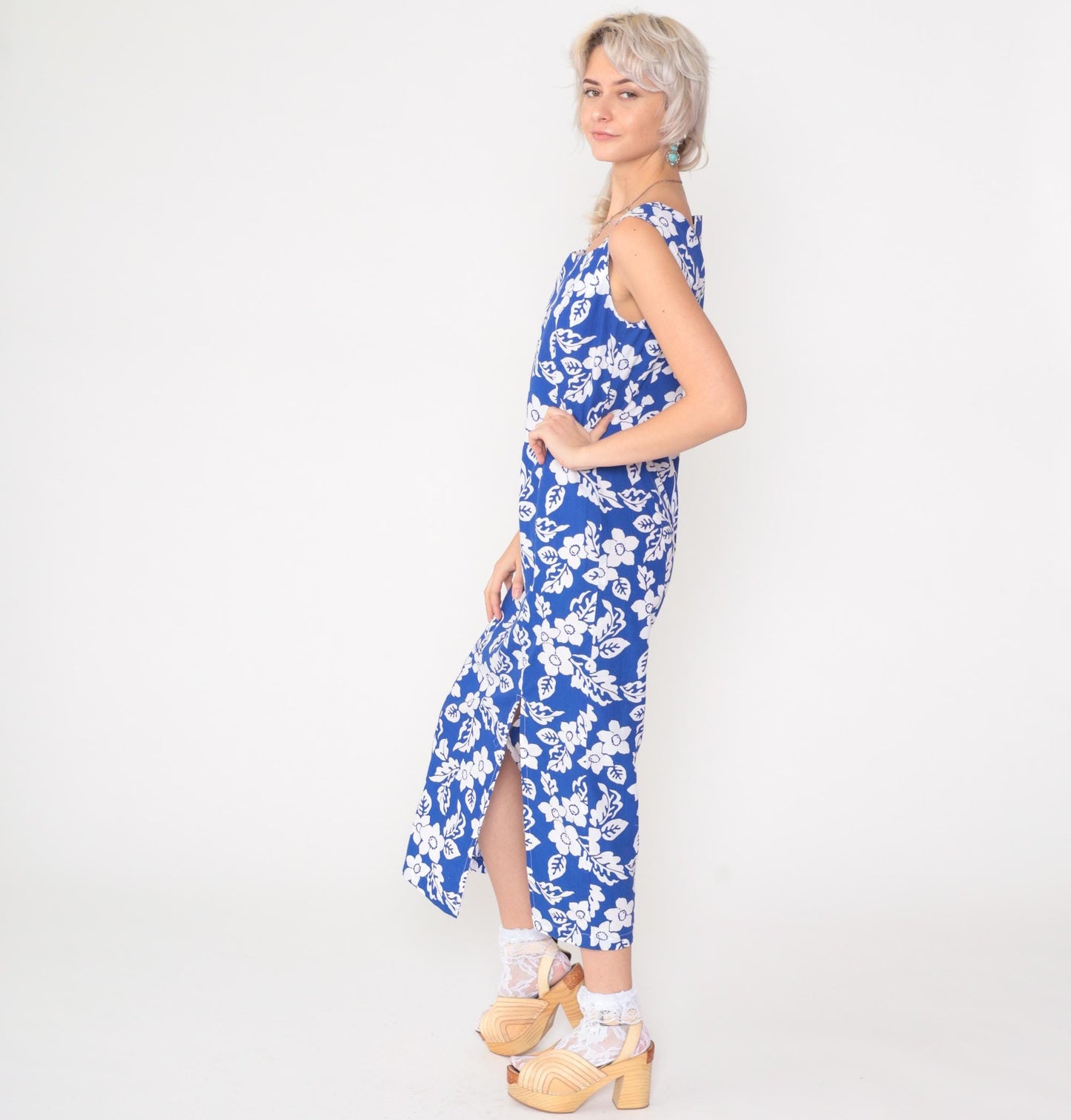 90s Blue Floral Sleeveless Sundress Ankle Length Front Slit Small