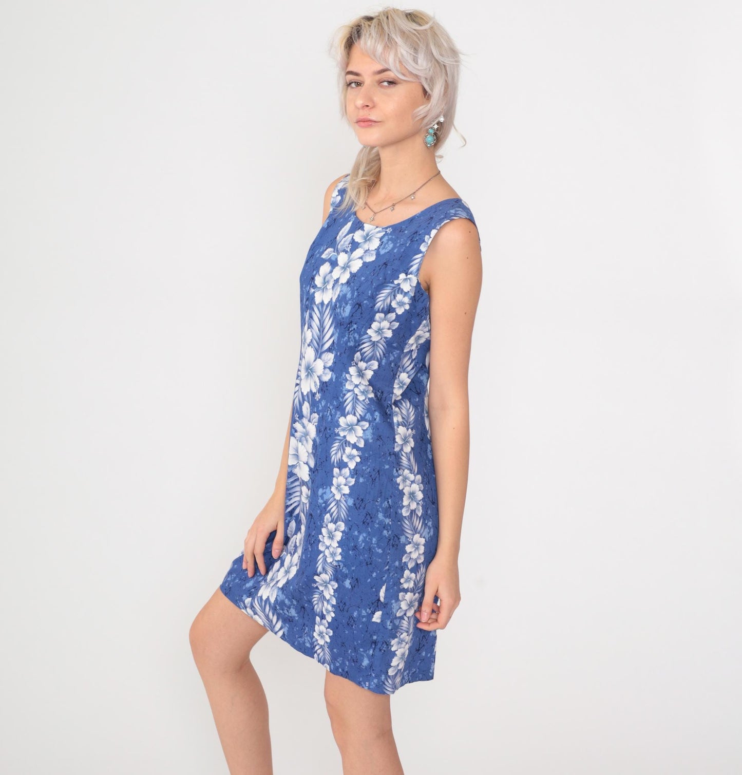 Y2K Hawaiian Floral Mini Dress Blue Sleeveless Cotton Sheath Small