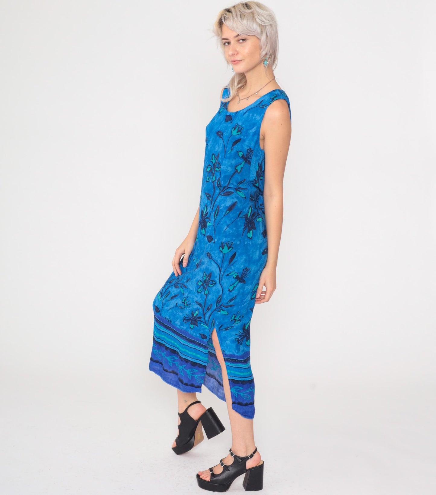 90s Blue Floral Rayon Maxi Dress Sleeveless Scoop Neck Side Slit Small