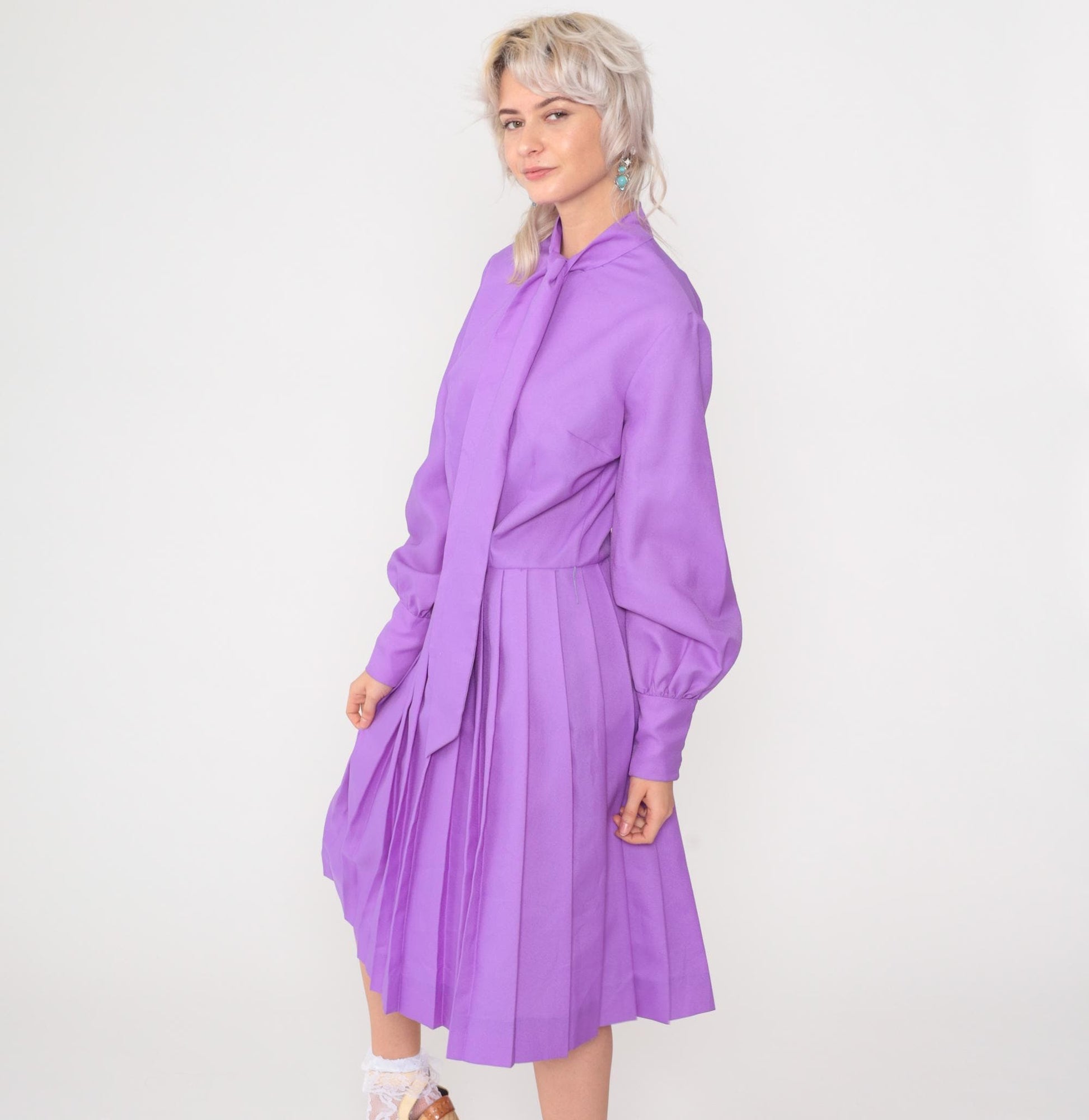 70s Purple Ascot Midi Dress Long Sleeve High Waist Pleated Medium 8