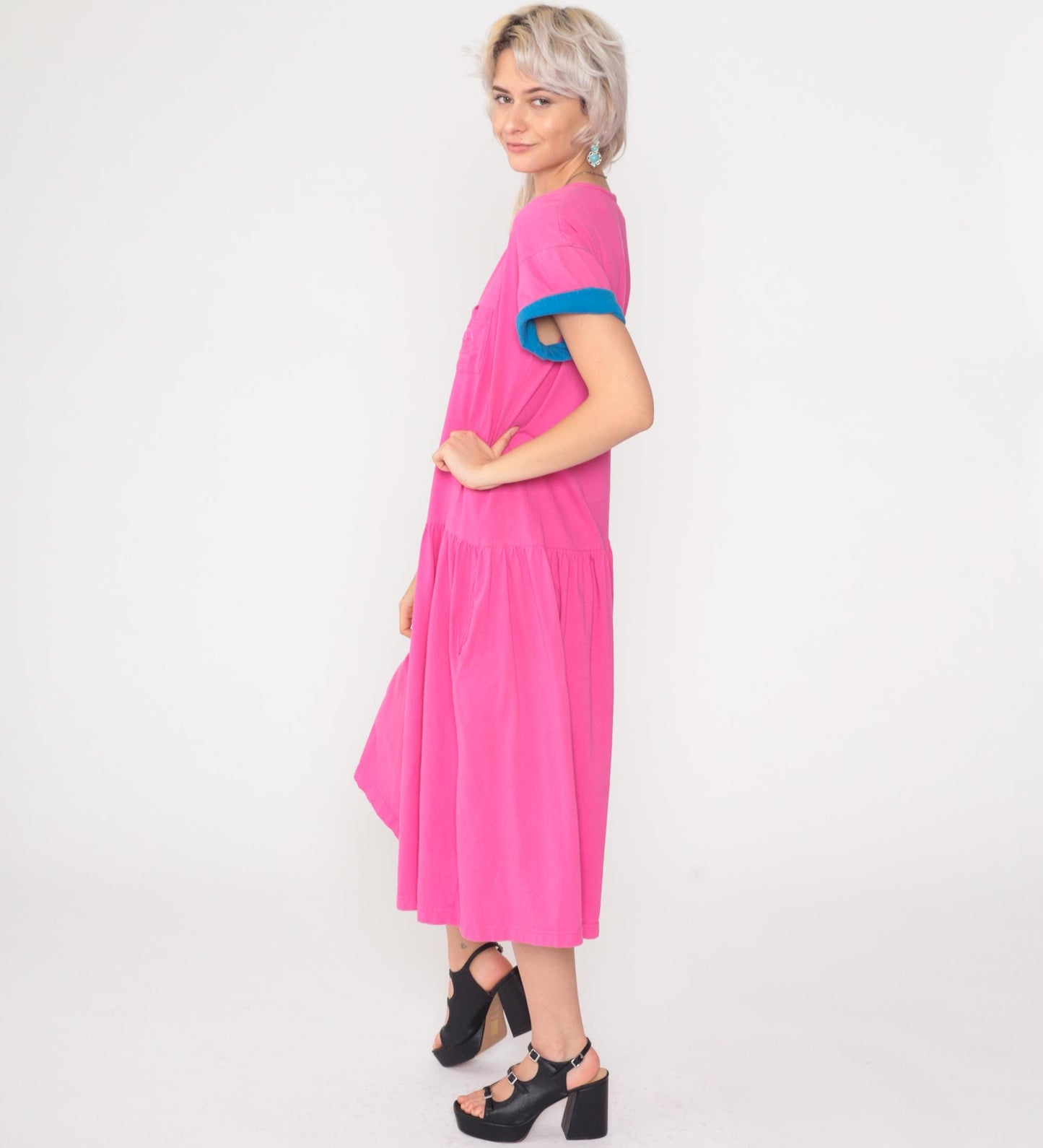 90s Jones Wear Fuchsia T-Shirt Dress Cotton Chest Pocket Drop Waist Midi Medium