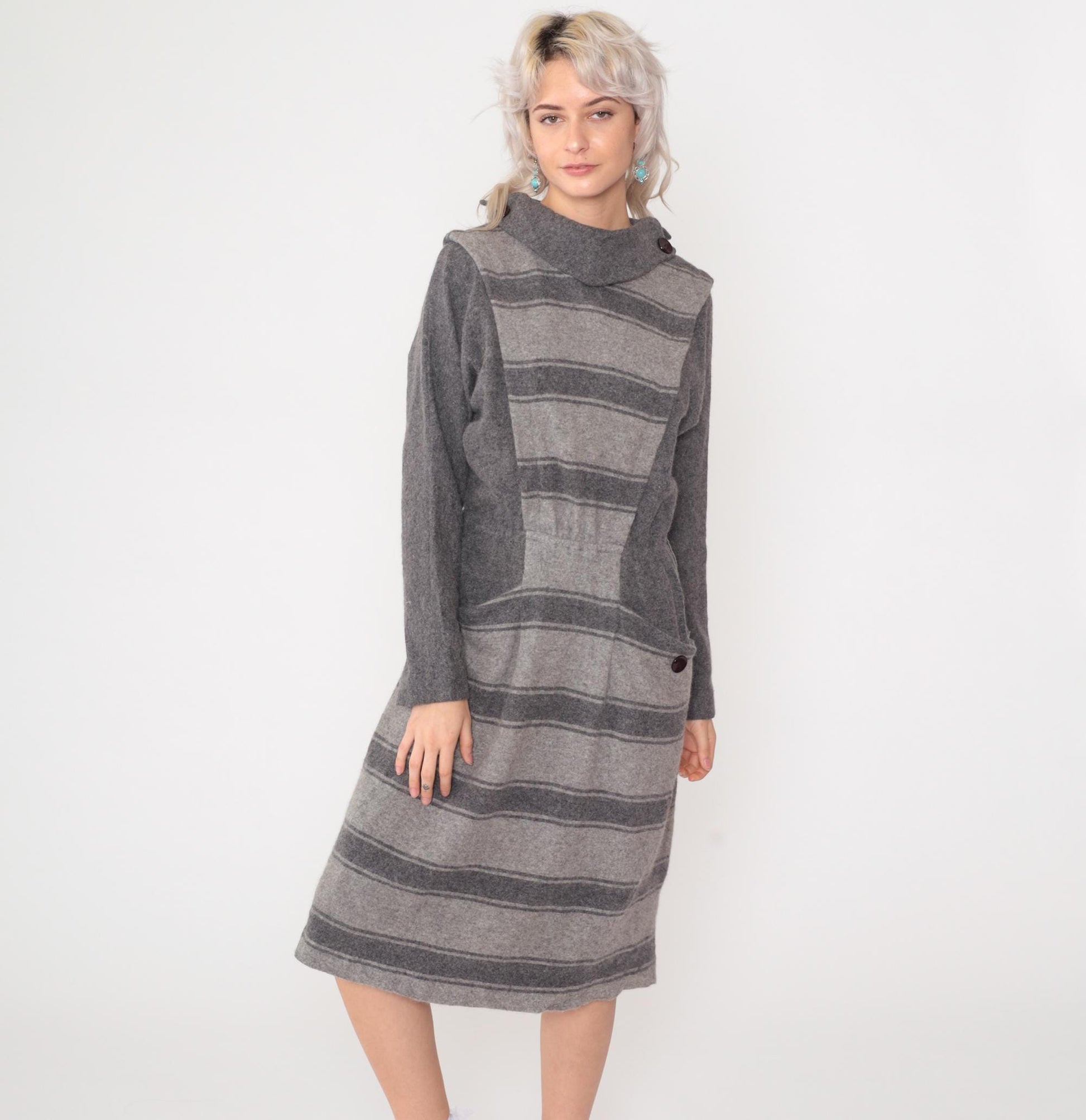 80s Grey Striped Wool Midi Dress Mock Neck Elastic Waist Pockets Small