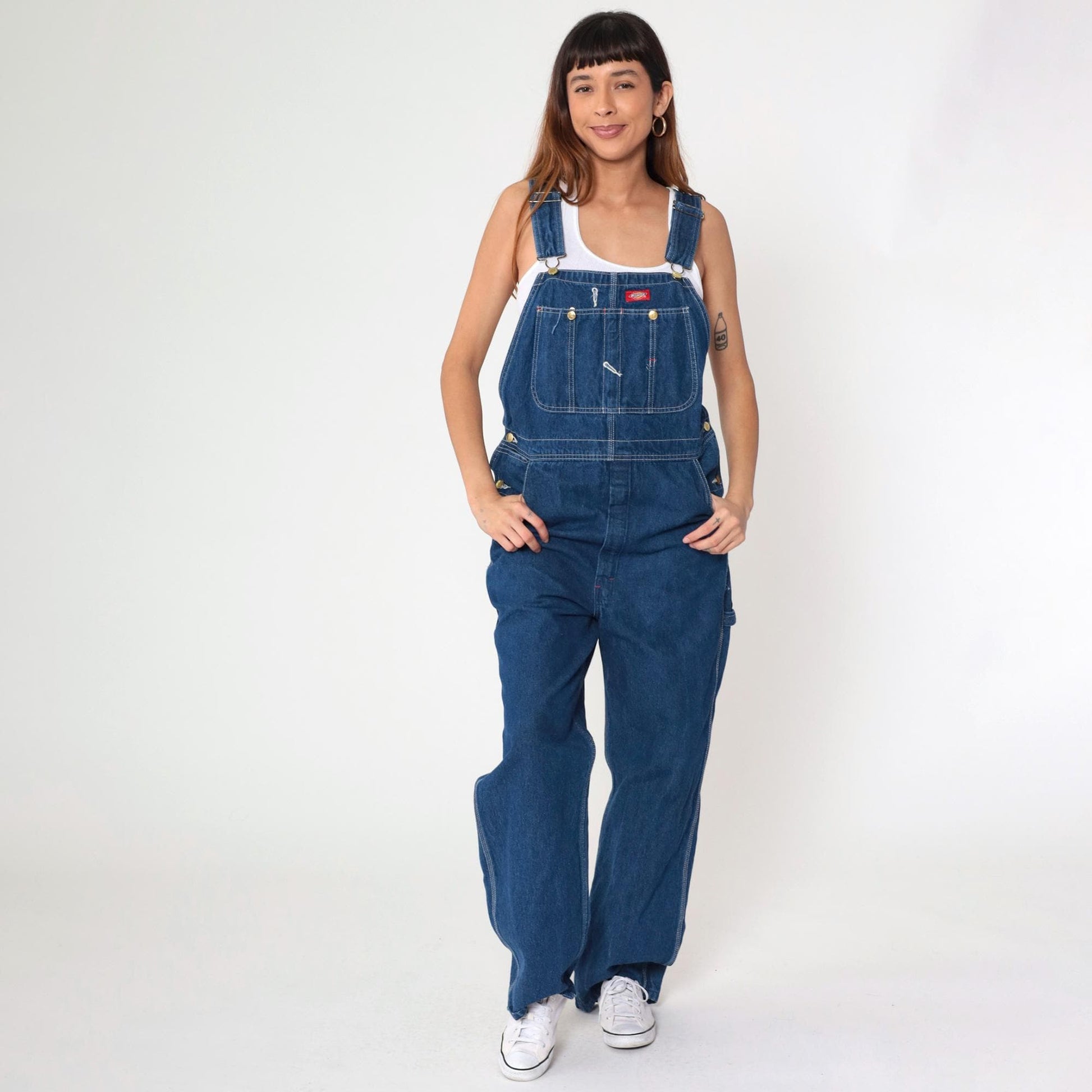 Y2K Dickies Bib Overalls Dark Wash Denim Cargo Hammer Loop 32x34