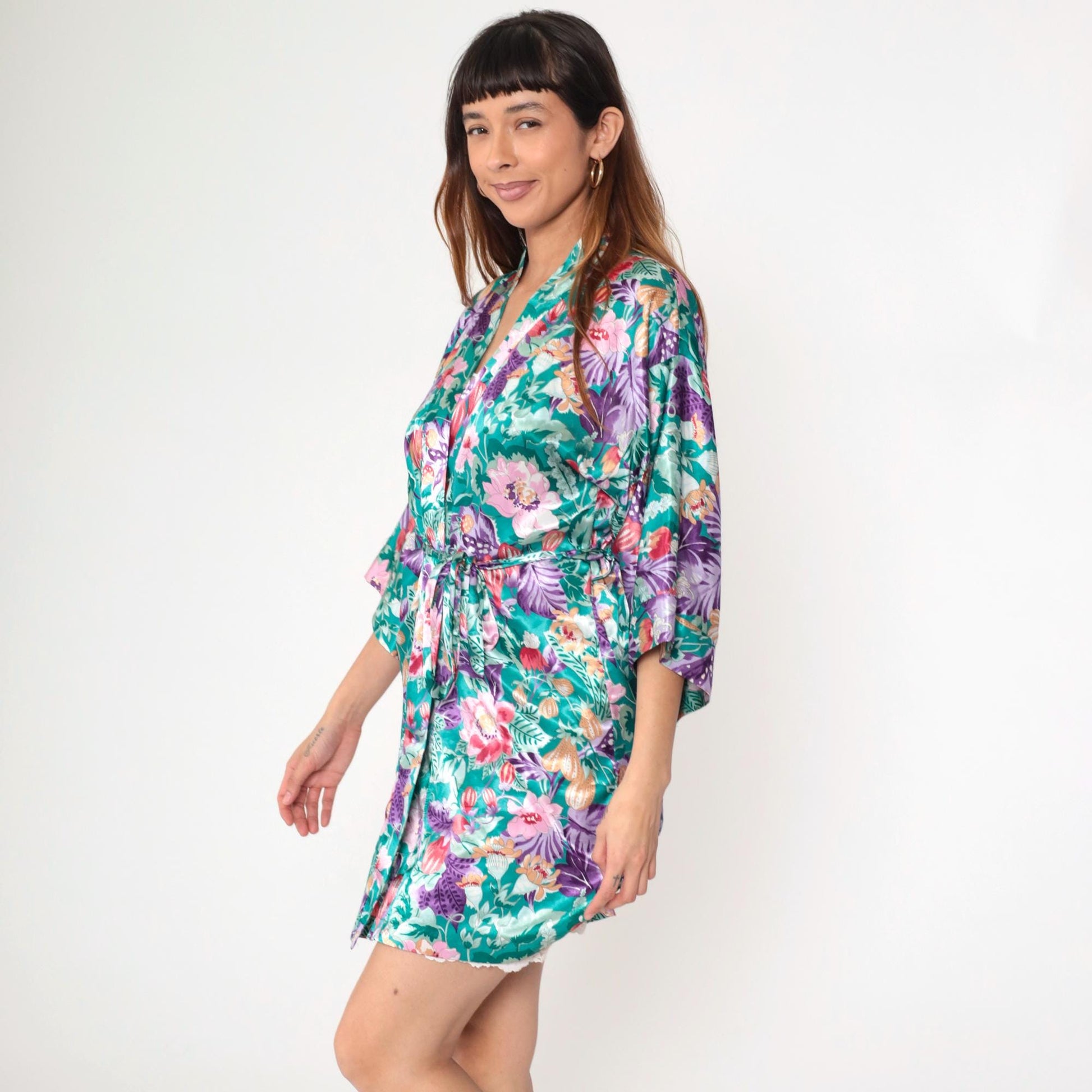 90s Floral Satin Kimono Robe Mini Green Wrap Front Small Medium Large