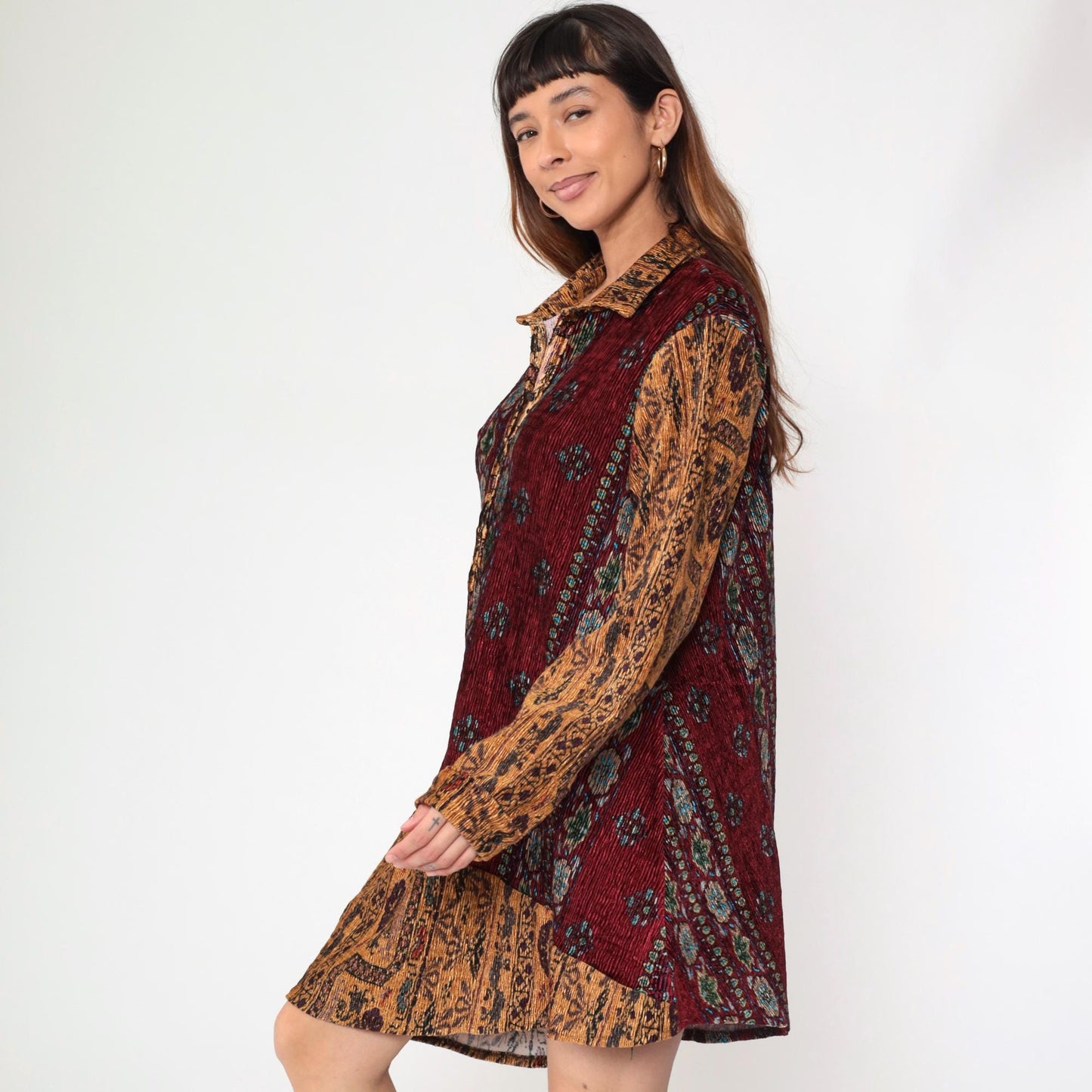 90s Paris Hues Floral Crinkle Mini Dress Burgundy Brown Asymmetrical Hem Medium Large