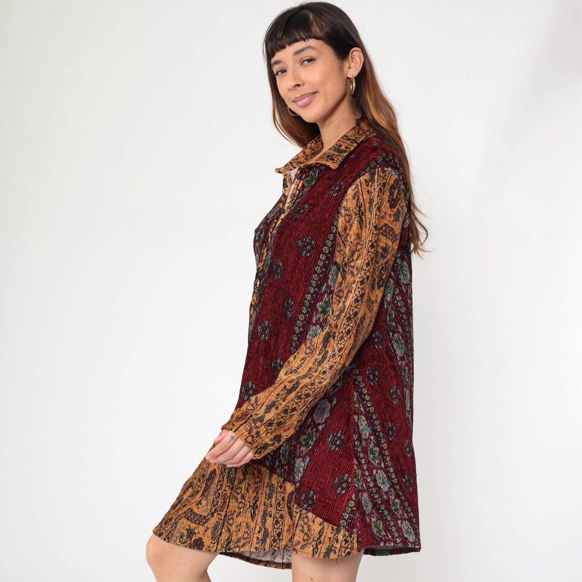 90s Paris Hues Floral Crinkle Mini Dress Burgundy Brown Asymmetrical Hem Medium Large