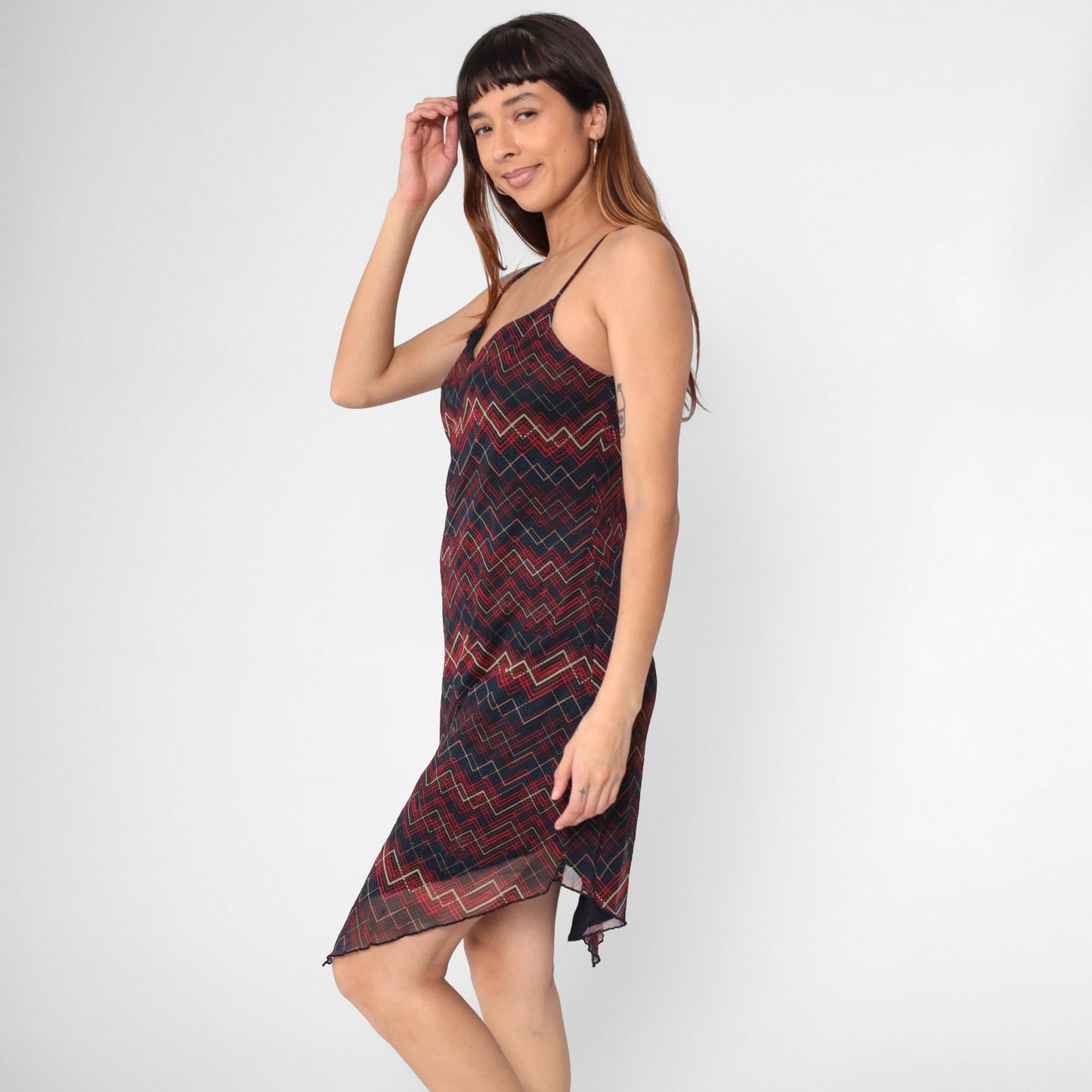 Y2K Xhiliration Zig Zag Striped Mesh Mini Dress Sweetheart Hanky Hem Large L