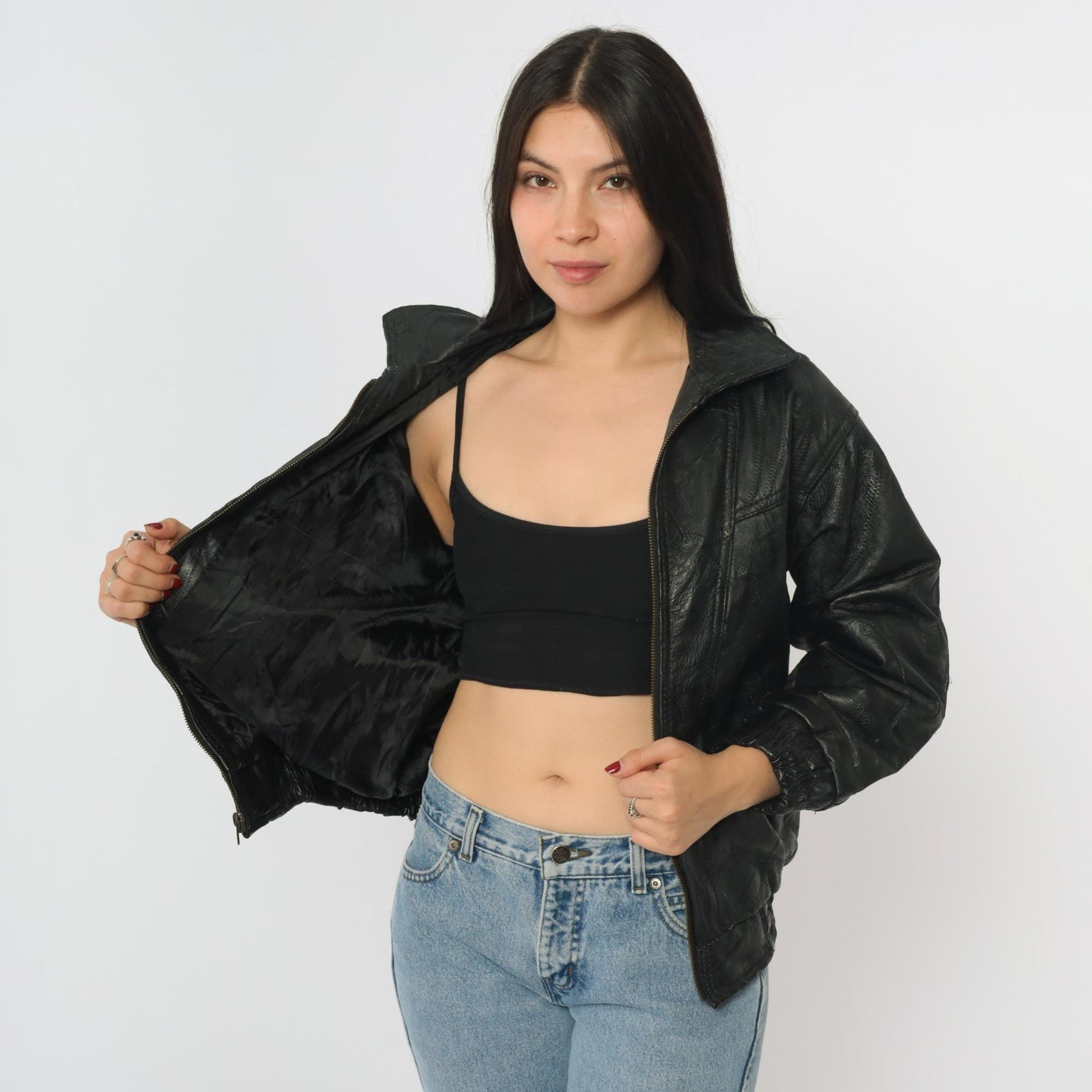 90s Elias de Soto Black Patchwork Leather Bomber Jacket Women's Large