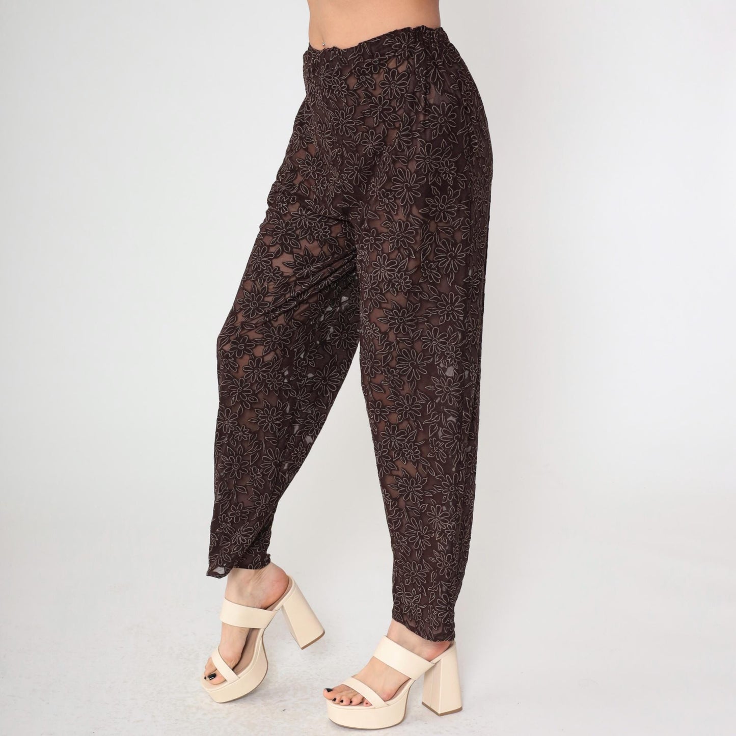90s Brown Sheer Floral Burnout High-Waist Straight Tapered Trousers Small